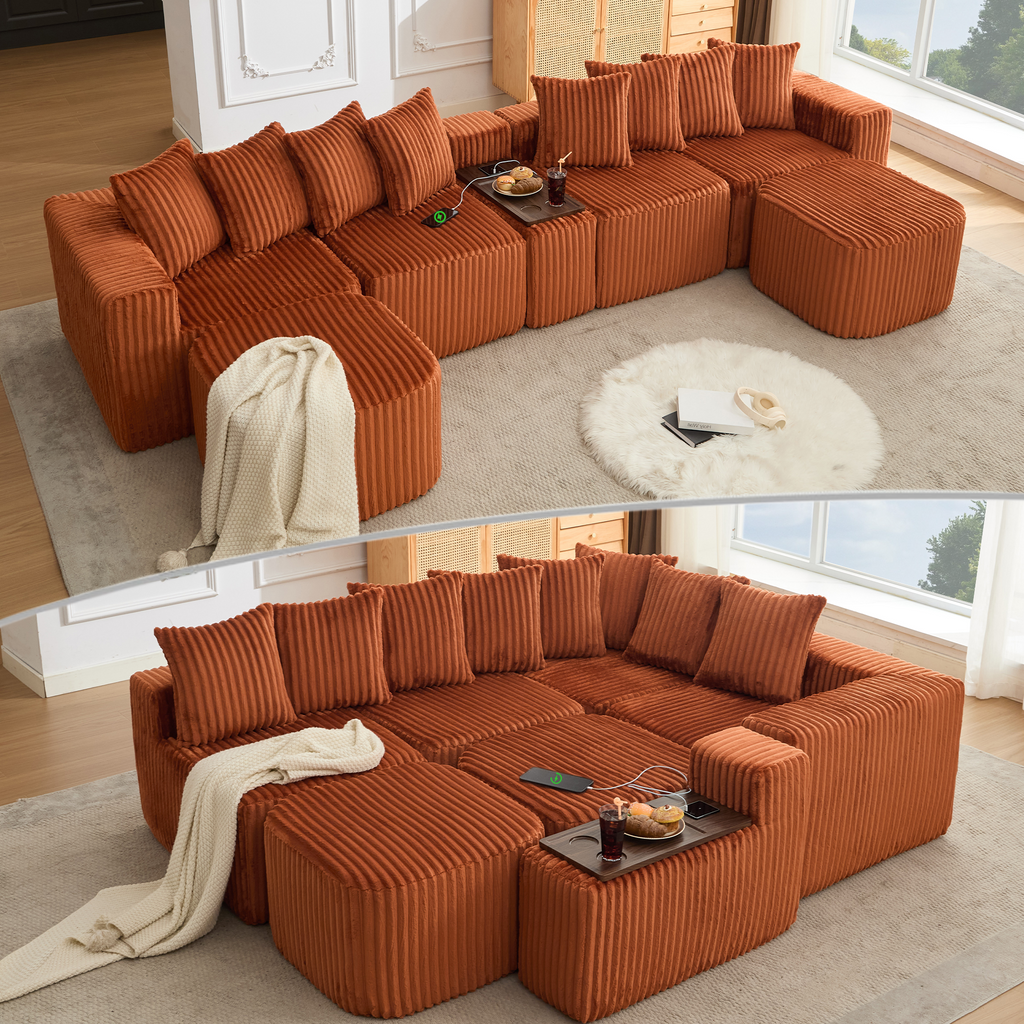 [NEW ARRIVED] [VIDEO PROVIDED] 137.5' U Shaped  Sofa , USB & Wireless Charge, Coffee Table Board With a Cup Holder, Oversize Movable Modular Sofa,Movable Footstool,No Assembly,6 Seats,Corduroy,Orange