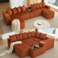 [NEW ARRIVED] [VIDEO PROVIDED] 137.5' U Shaped  Sofa , USB & Wireless Charge, Coffee Table Board With a Cup Holder, Oversize Movable Modular Sofa,Movable Footstool,No Assembly,6 Seats,Corduroy,Orange