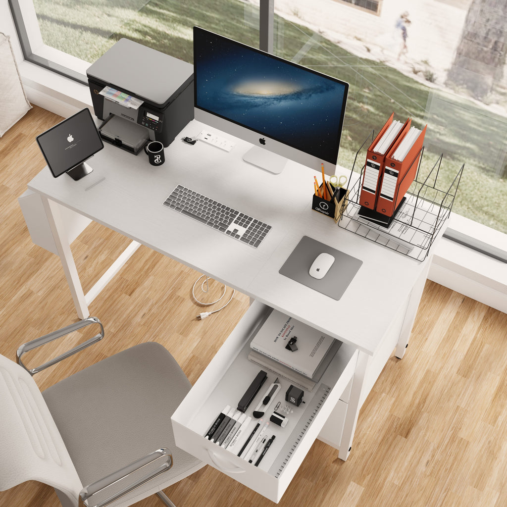 Office desk built-in power outlets USB and USB-C ports detail