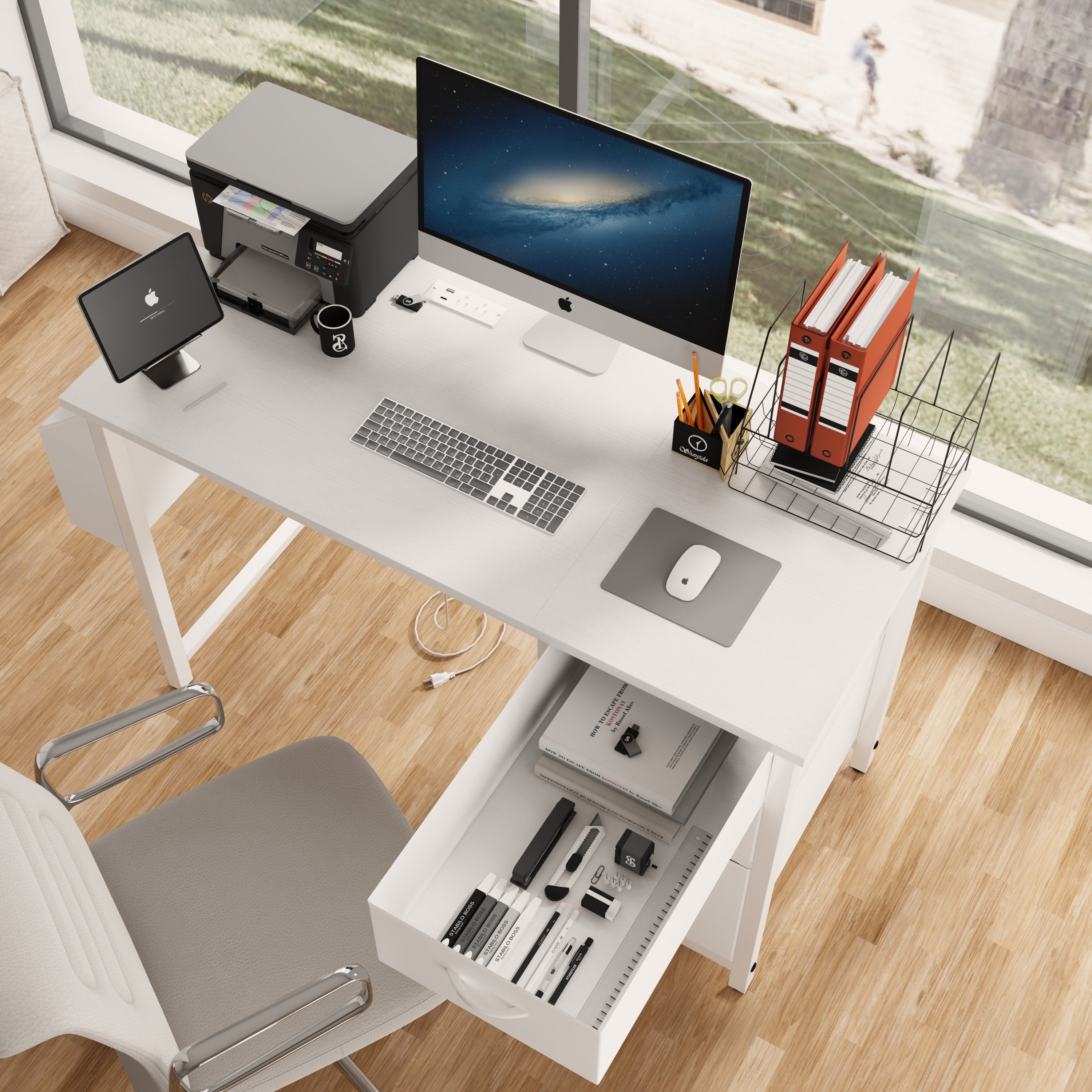Office desk built-in power outlets USB and USB-C ports detail