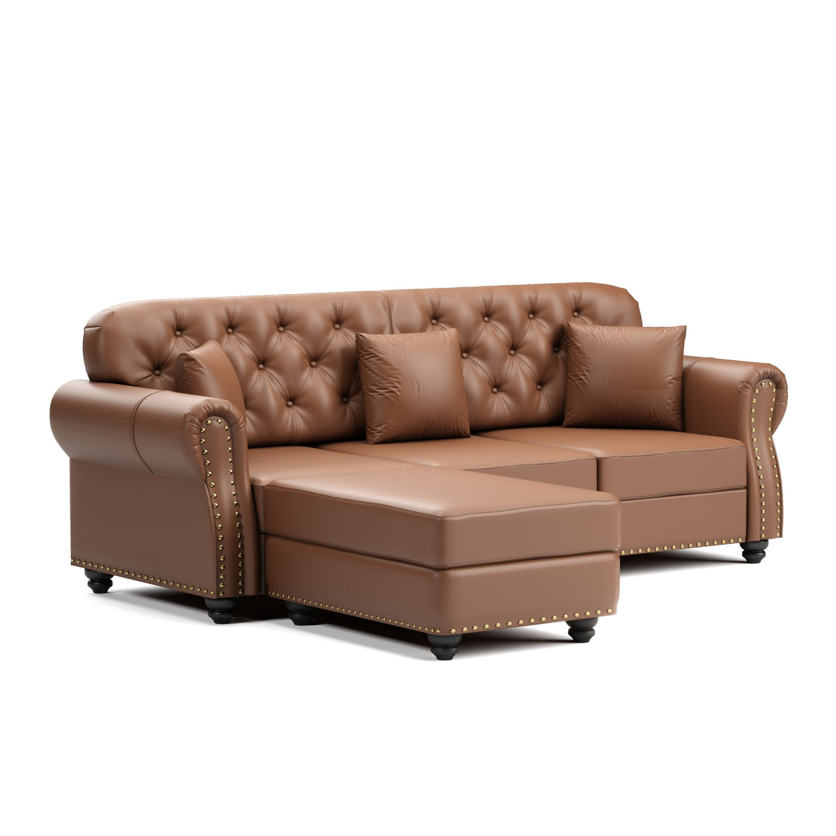 82.6'Upholstered Faux Leather Sofa with Nailhead Trim and Rolled Armrests,Mid-Century Modern Chesterfield Sofa with Button Tufted,Includes 3 Pillows,Black