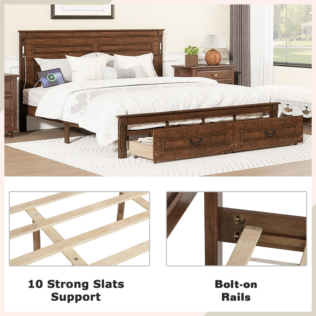 King Size Bed with Tall-Panel Headboard & Footboard, 2 Storage Drawers, Built-in LED Lights, USB Charging Station, Pinewood Bed with Strengthened Bed Frame ,White