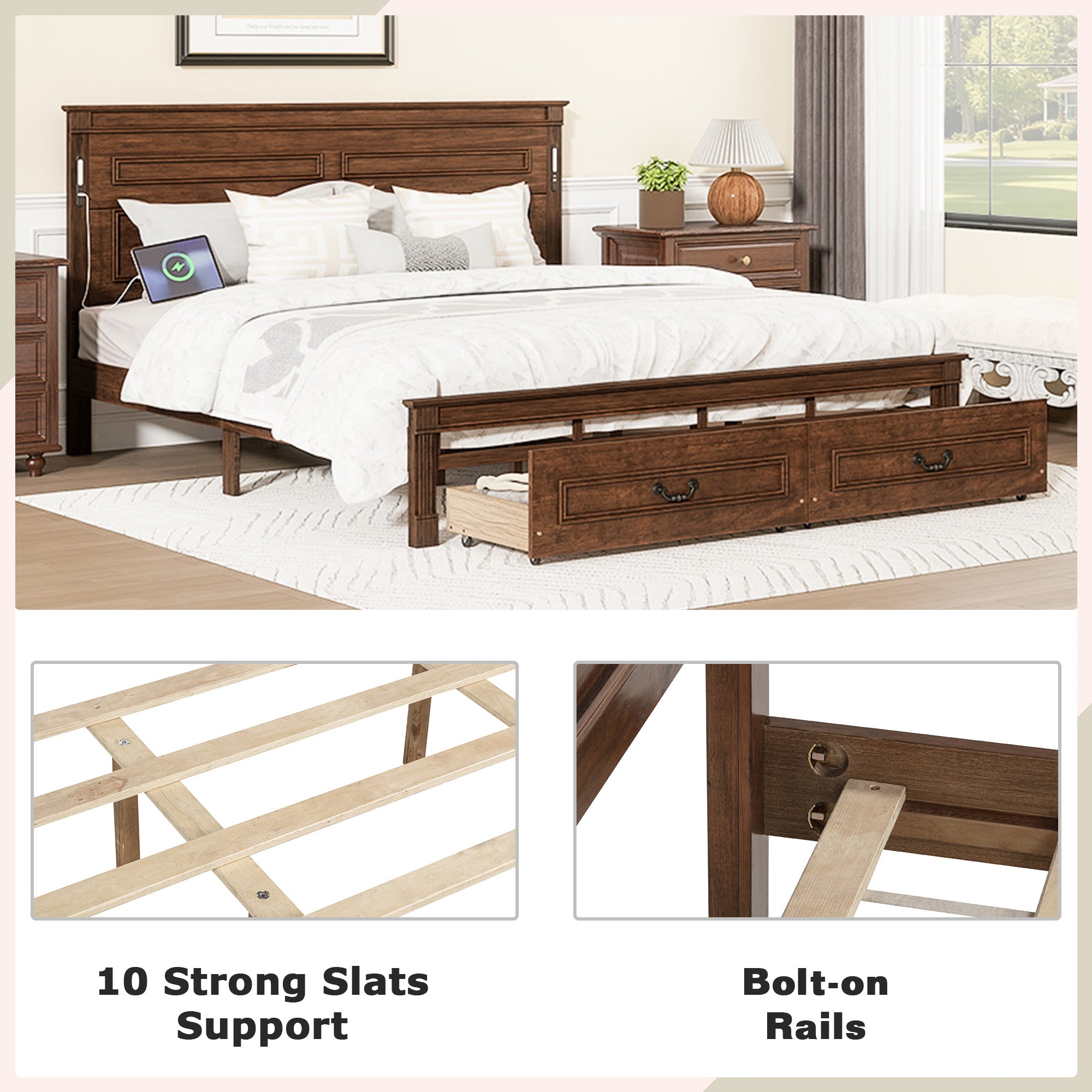 King Size Bed with Tall-Panel Headboard & Footboard, 2 Storage Drawers, Built-in LED Lights, USB Charging Station, Pinewood Bed with Strengthened Bed Frame ,White