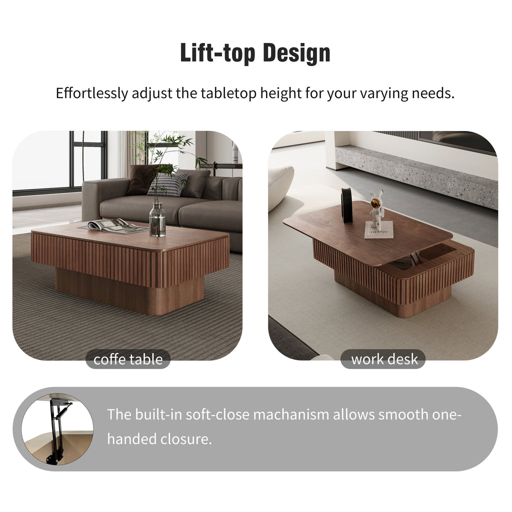 38.6'' Fluted Lift-top Coffee Table Solid Wood Veneered Modern Coffee Table Accent Tea Table with Storage and Adjustable Height for Living Room, Bedroom, Apartment or Office, Grey