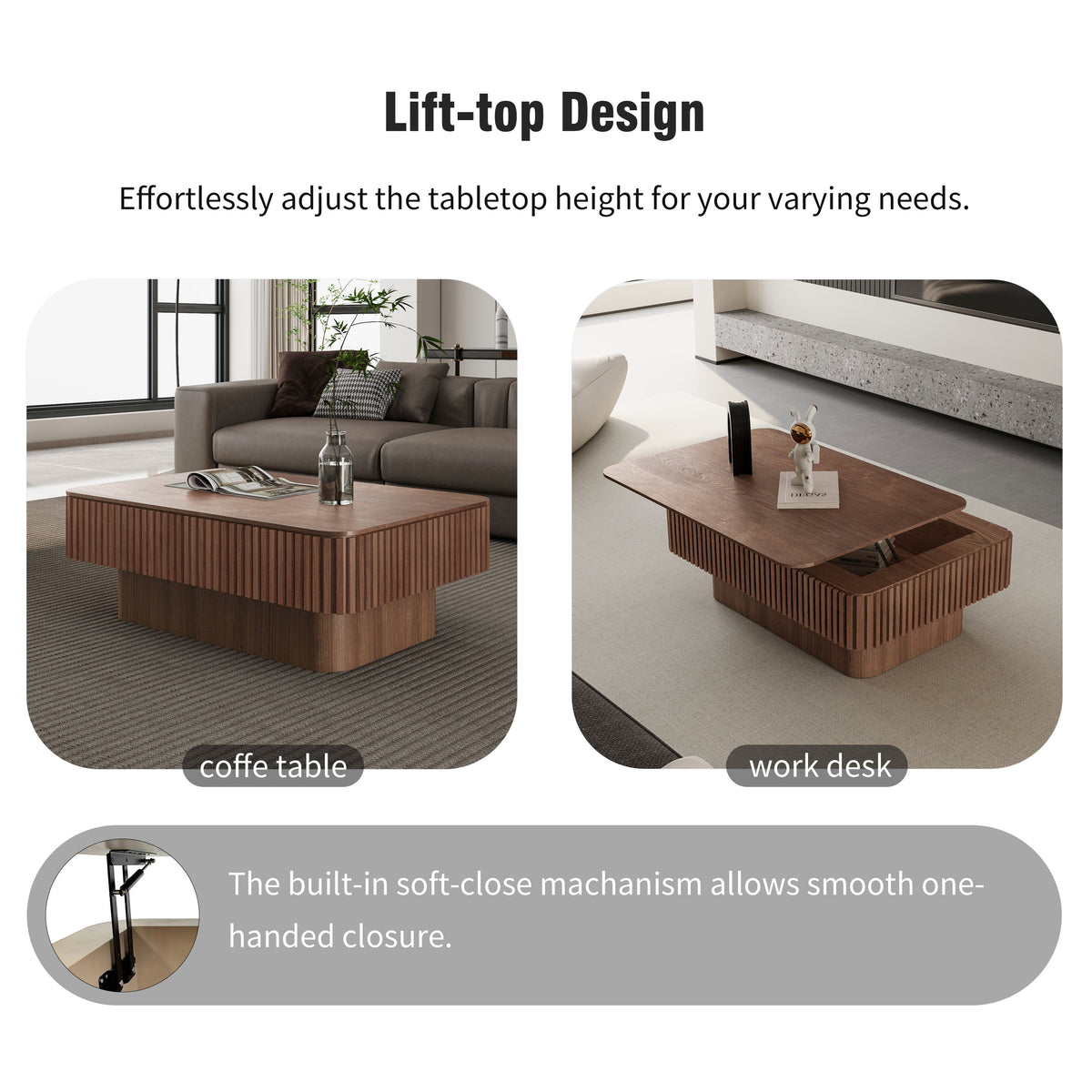 38.6'' Fluted Lift-top Coffee Table Solid Wood Veneered Modern Coffee Table Accent Tea Table with Storage and Adjustable Height for Living Room, Bedroom, Apartment or Office, Grey