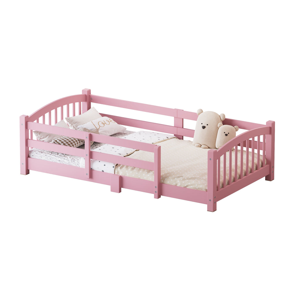 Twin Montessori Floor Bed with Slats and Safety Guardrails, Solid Wood Floor Bed with Fence and Without Door, Easy Assemble Montessori Bed for Girls and Boys, Gray