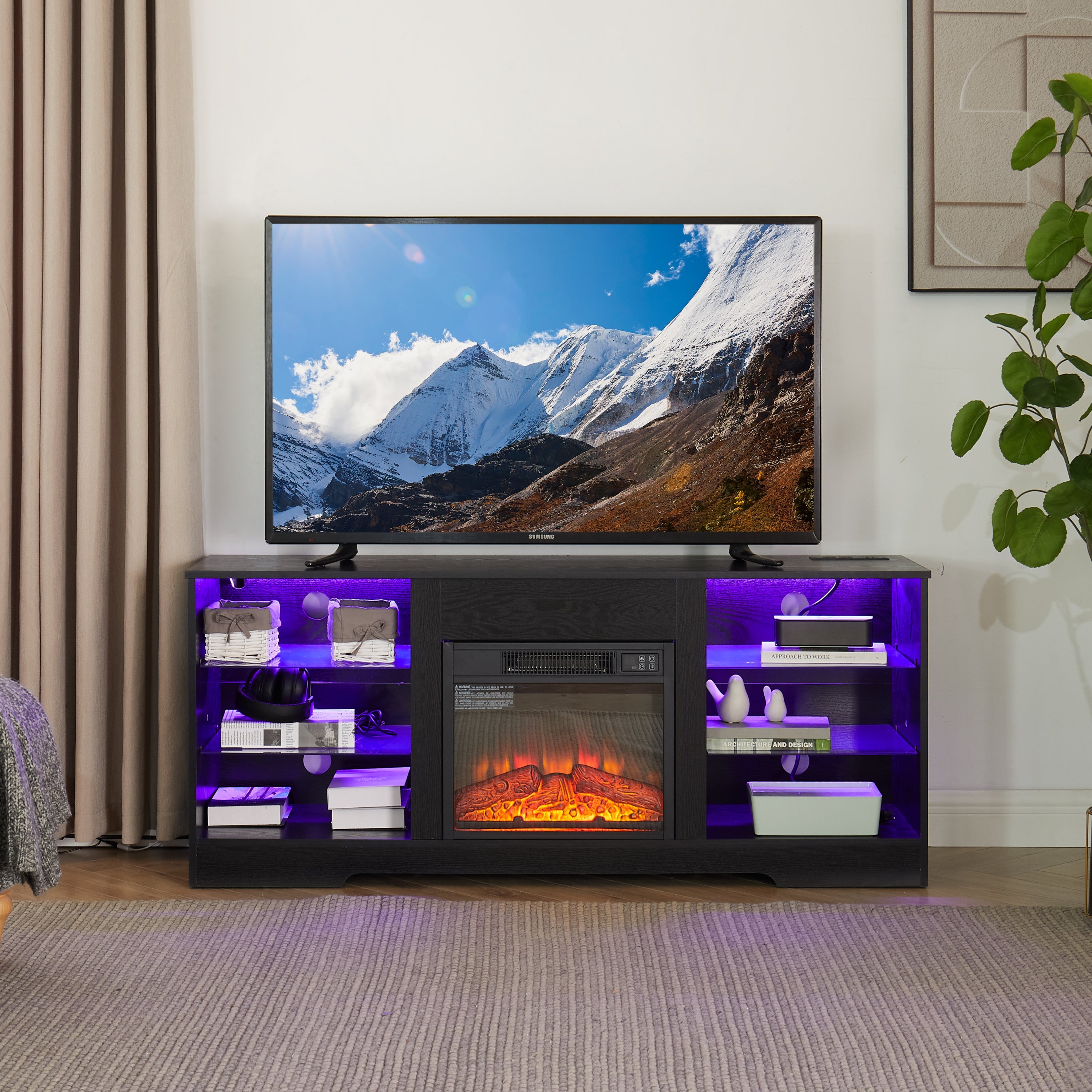 TV Stand with Electric Fireplace — Glass Shelves & USB Outlets for TVs Up to 62"