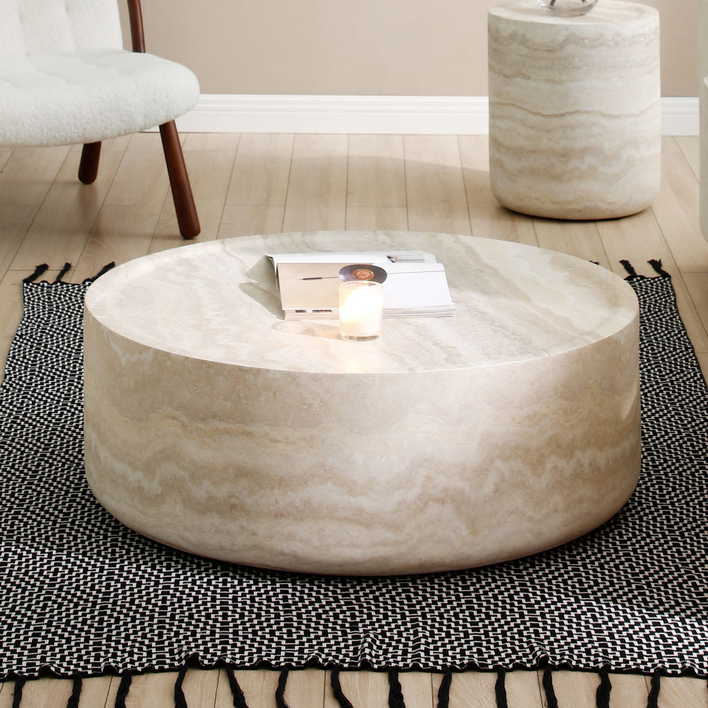Marble-pattern round center table side profile view