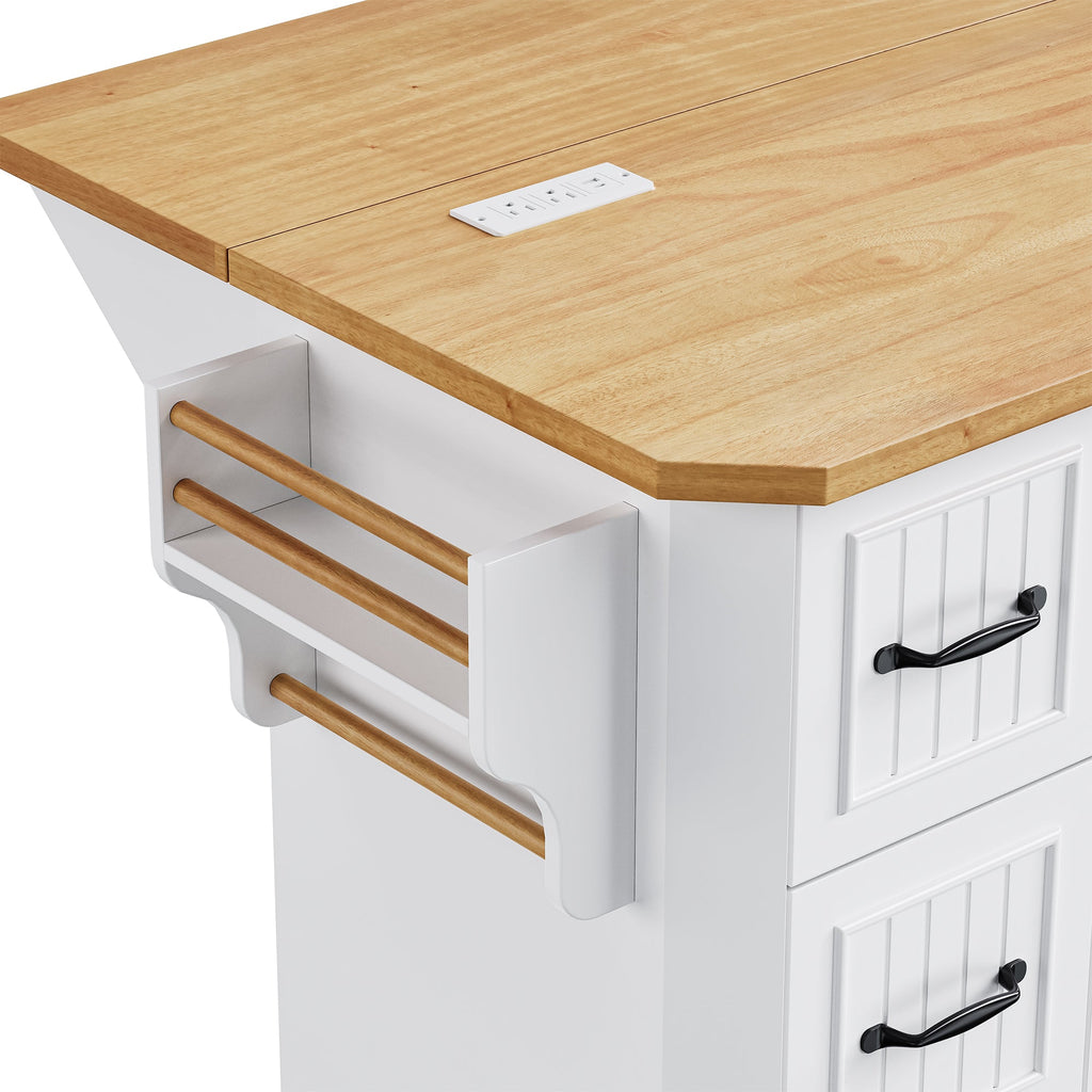 K&K 56 inch Kitchen Island with Rubber Wood Veneer Drop Leaf, Power Outlet, 4 Door Shelves, Embossed Vertical Stripe Rolling Kitchen Cart on 4 Wheels with 6 Deep Drawers for Kitchen, Dining Room,Black