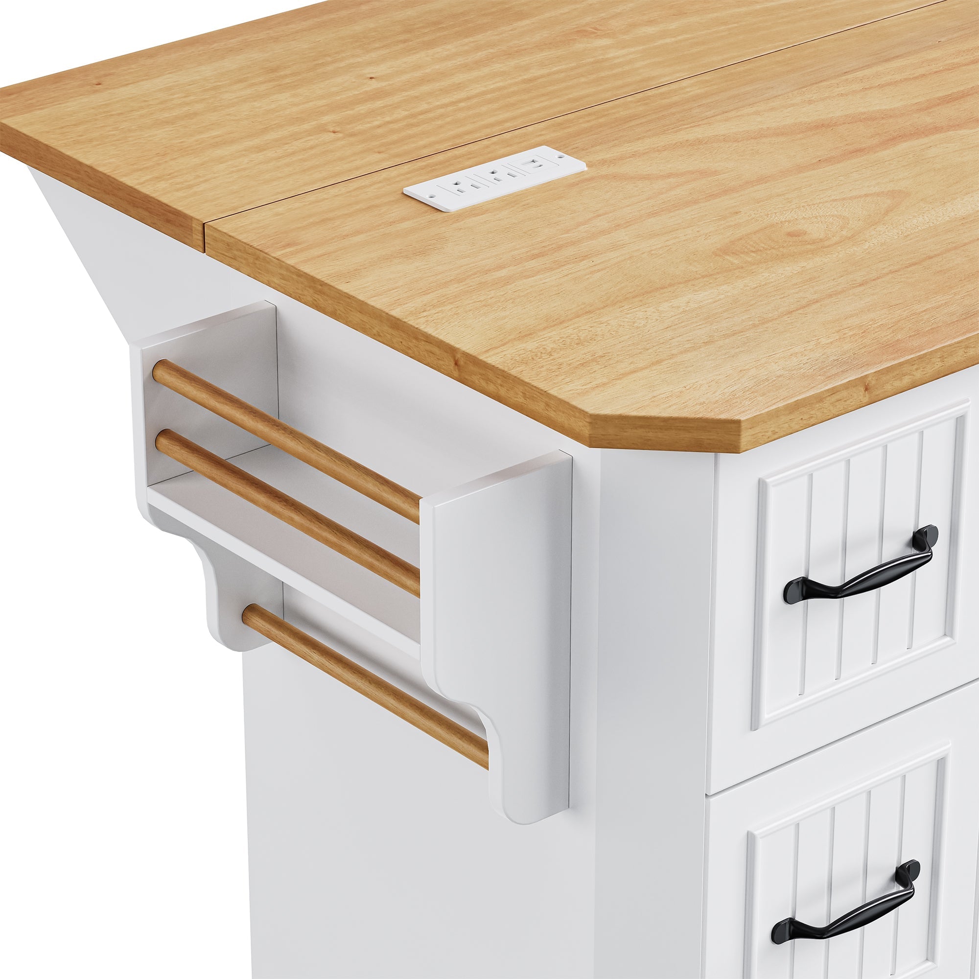 K&K 56 inch Kitchen Island with Rubber Wood Veneer Drop Leaf, Power Outlet, 4 Door Shelves, Embossed Vertical Stripe Rolling Kitchen Cart on 4 Wheels with 6 Deep Drawers for Kitchen, Dining Room,Black