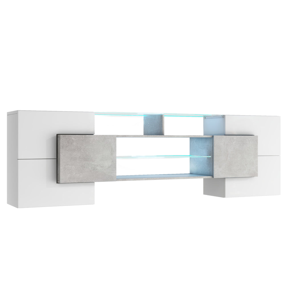 High gloss grey TV stand side profile view