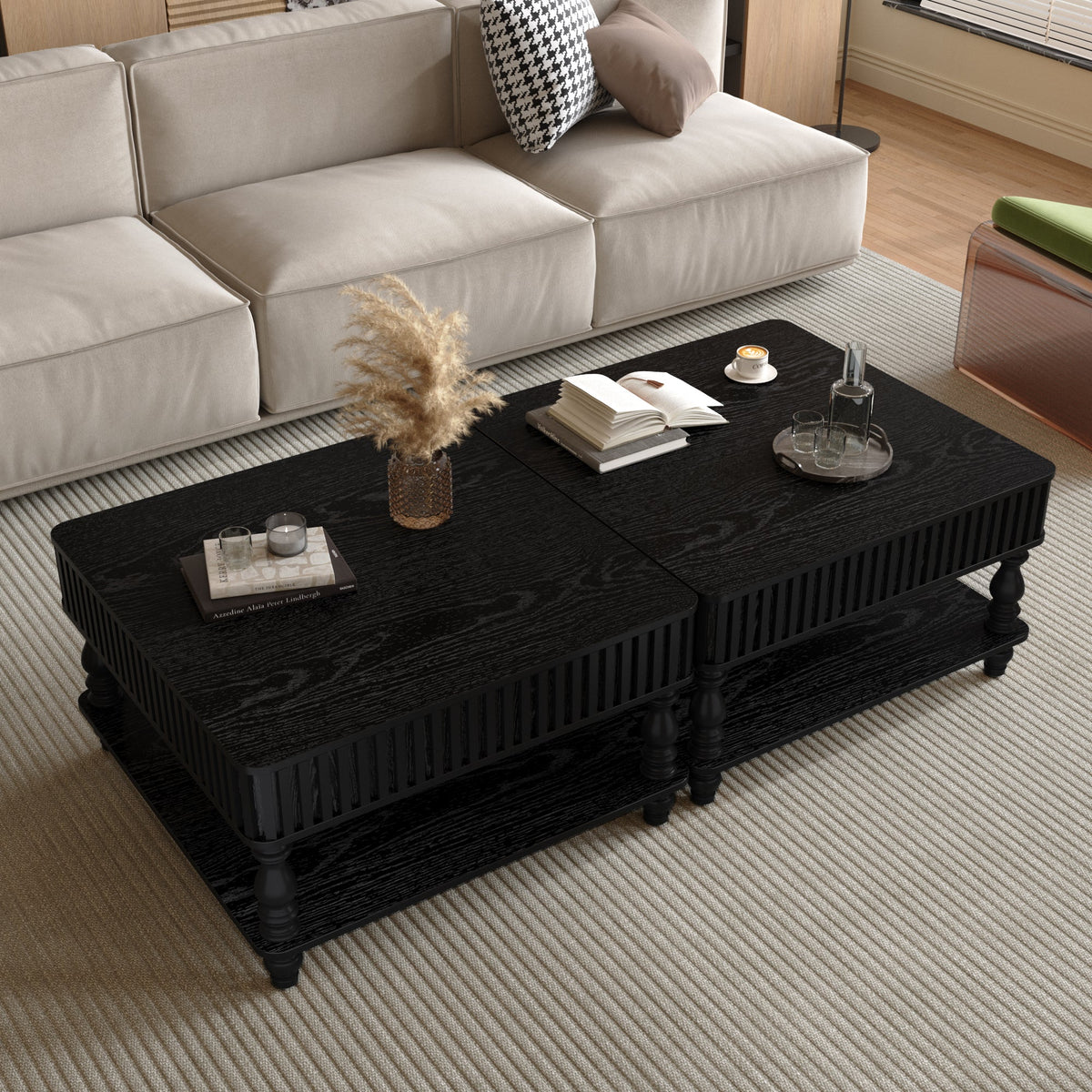 31.5 Inch Square Fluted Lift-Top Coffee Table with Hidden & Open Storage, Hydraulic Raising Mechanism, Retro Solid Wood Legs for Living Room, Sofa (Natural Wood)