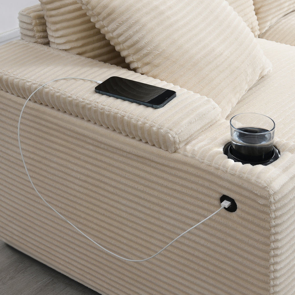 Modular L-shaped sectional beige corduroy living room setting