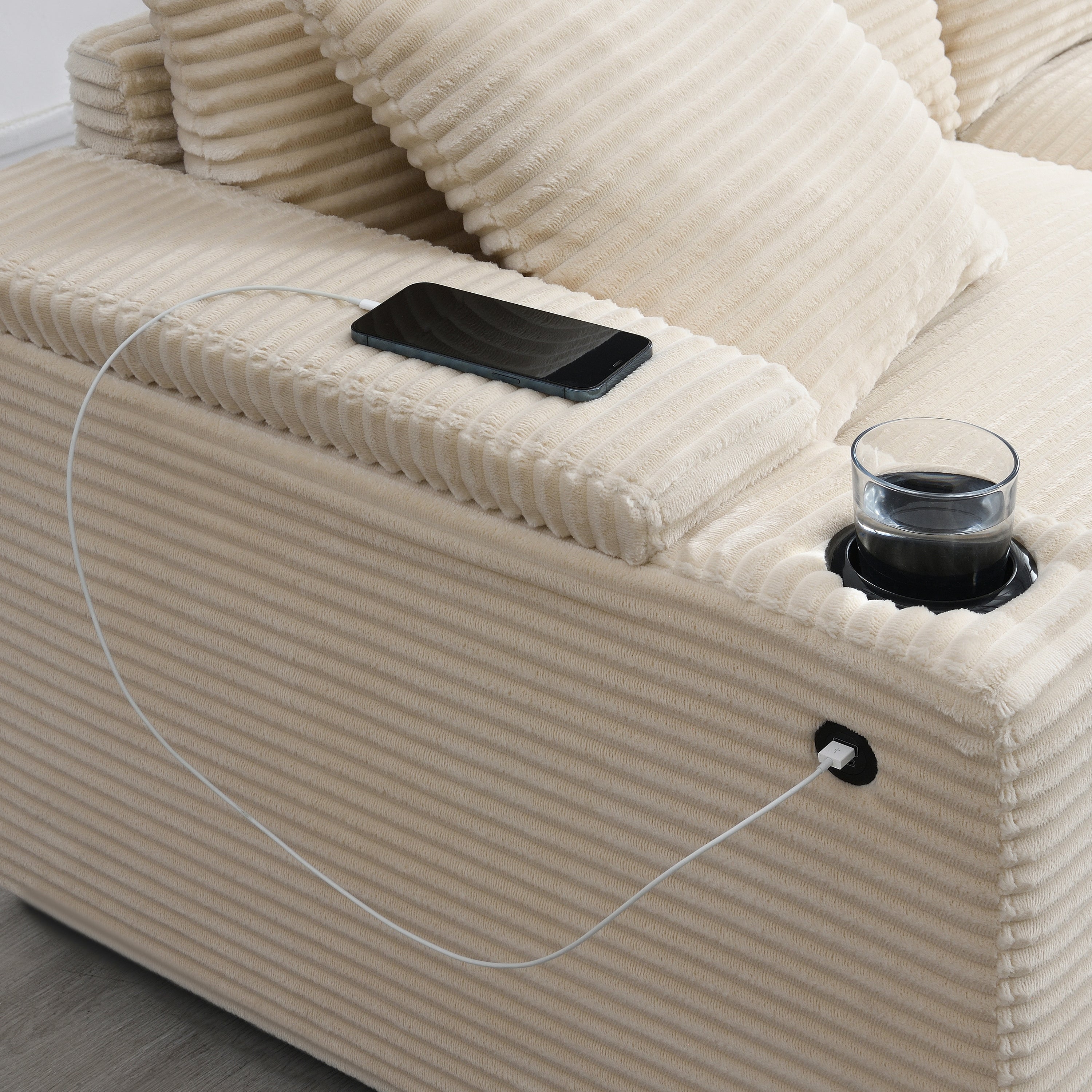 Modular L-shaped sectional beige corduroy living room setting