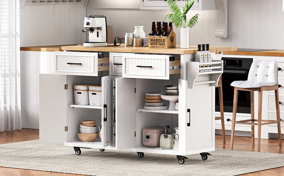 K&K 56.5'' Kitchen Island with Drop Leaf, Power Outlet, Embossed Vertical Stripe Rolling Kitchen Cart on Wheels with 4 Doors , 5 Deep Drawers and Adjustable Shelves, for Kitchen, Dining Room, Black