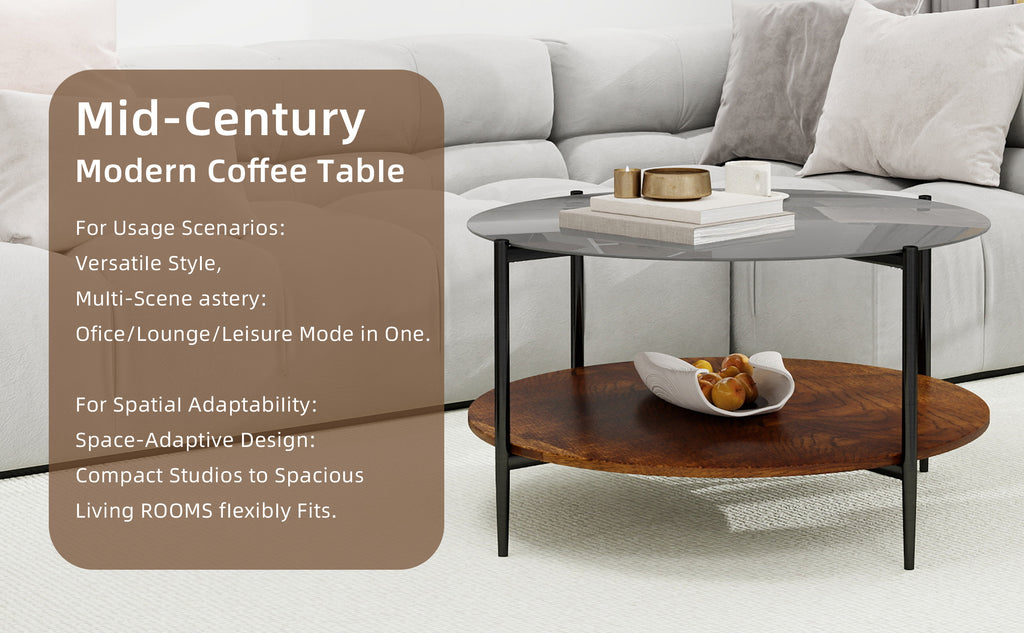 Black glass round coffee table walnut shelf living room style