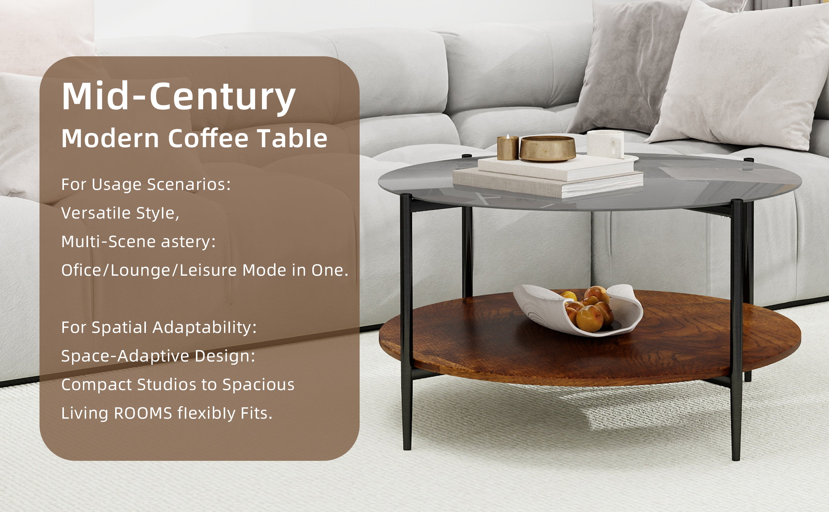 Black glass round coffee table walnut shelf living room style