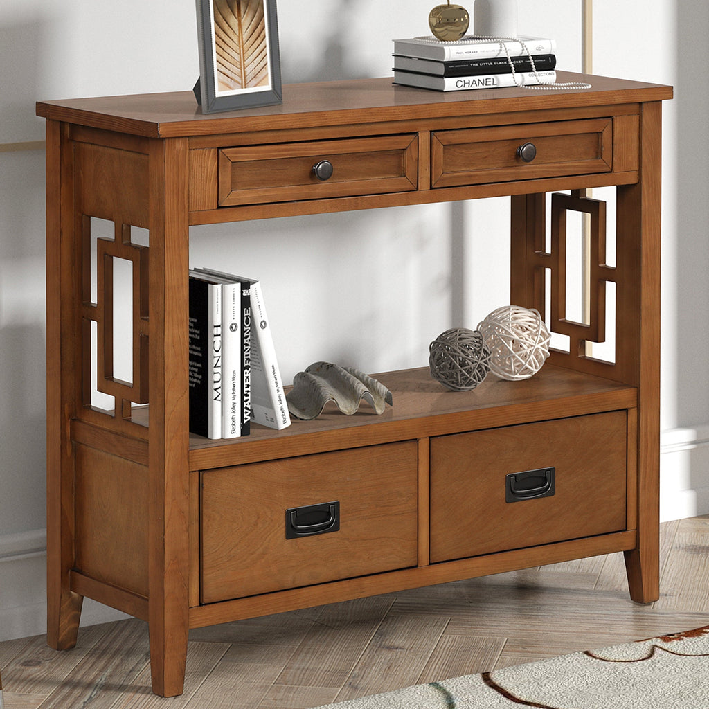 Farmhouse Console Table — 4 Drawers & Open Storage Shelf