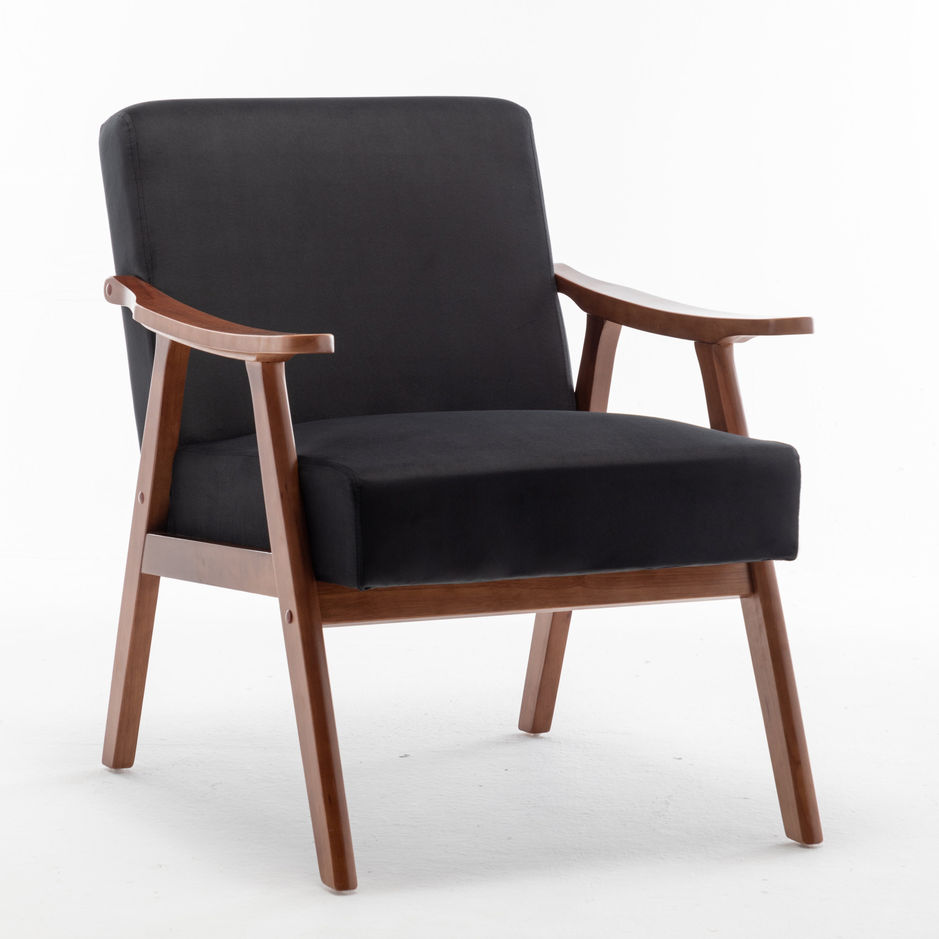 Velvet Mid-Century Wingback Accent Chair — Wood Frame & Thick Backrest