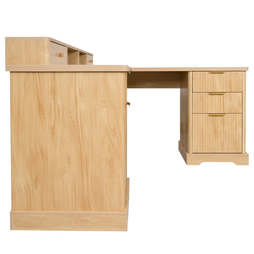 Fluted L-Shaped Desk with Charging Station, Monitor Stand & File Drawer — 59-Inch