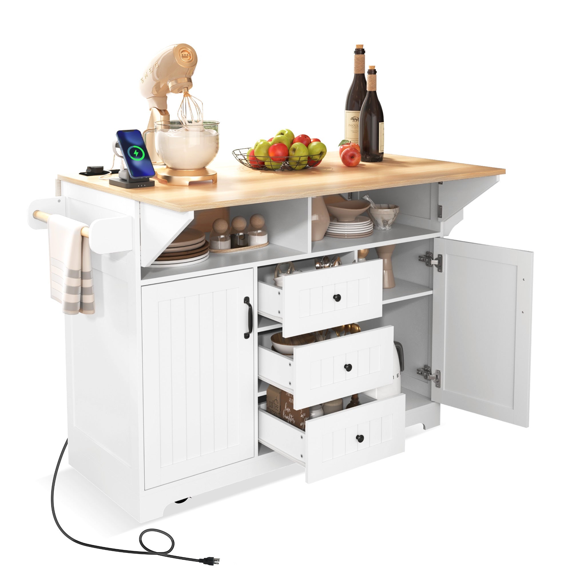 K&K 55.7'' Large Kitchen Island with 2 Drop Leaf,, Rolling Kitchen Cart on 5 Wheels with Power Outlet, Folding Storage Dining Table with Spice & Towel Rack , 3 Drawers, for Kitchen, Dining Room,Black