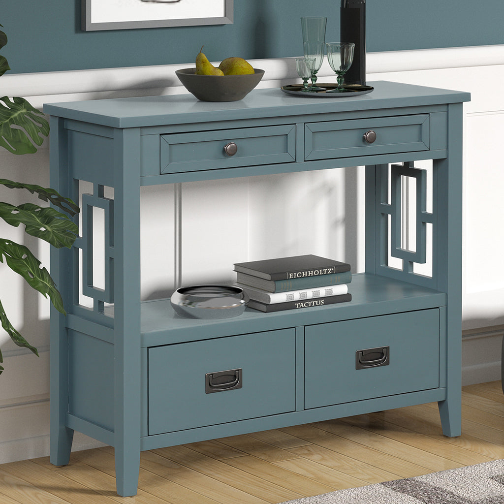 Pine wood console table blue — angle view