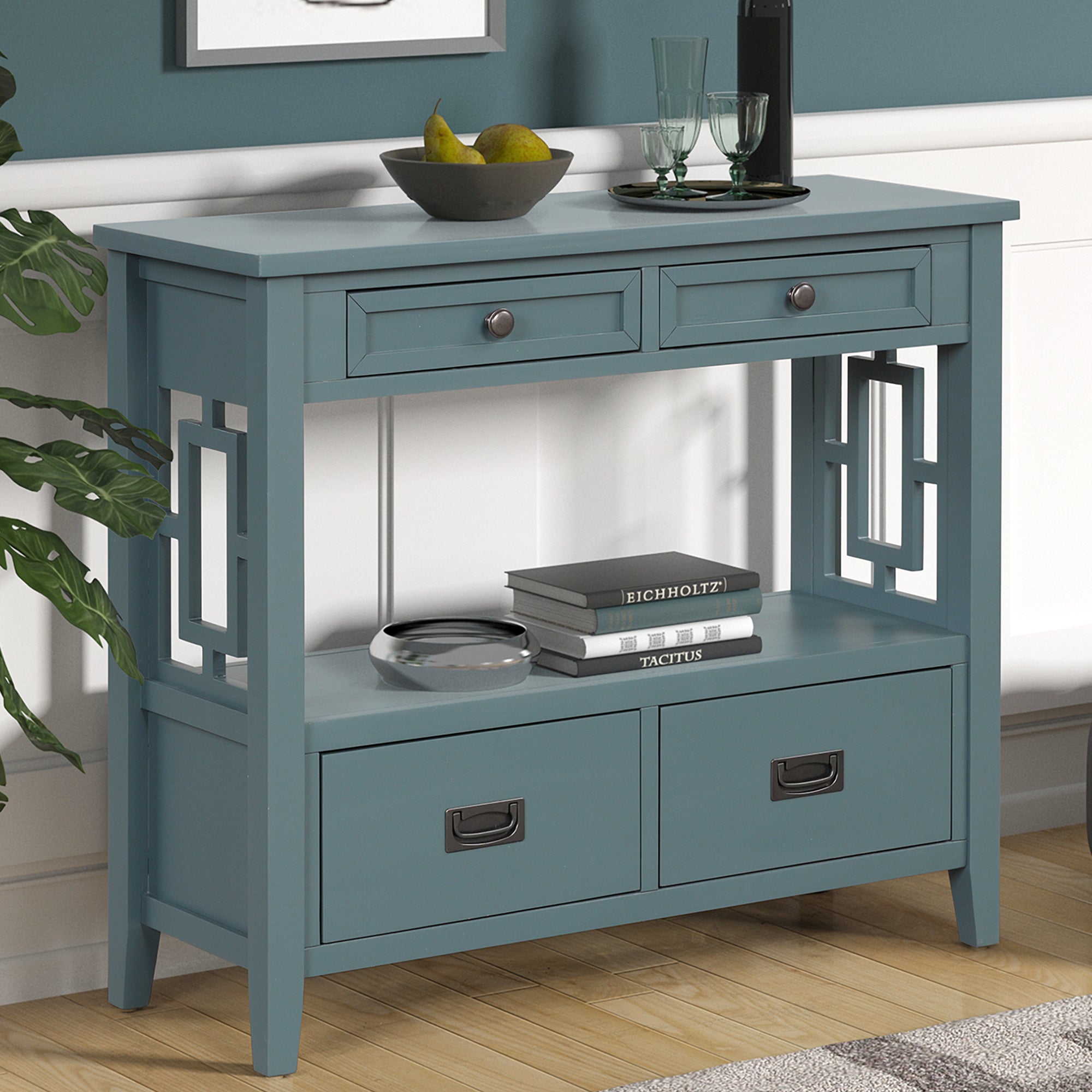Pine wood console table blue — angle view