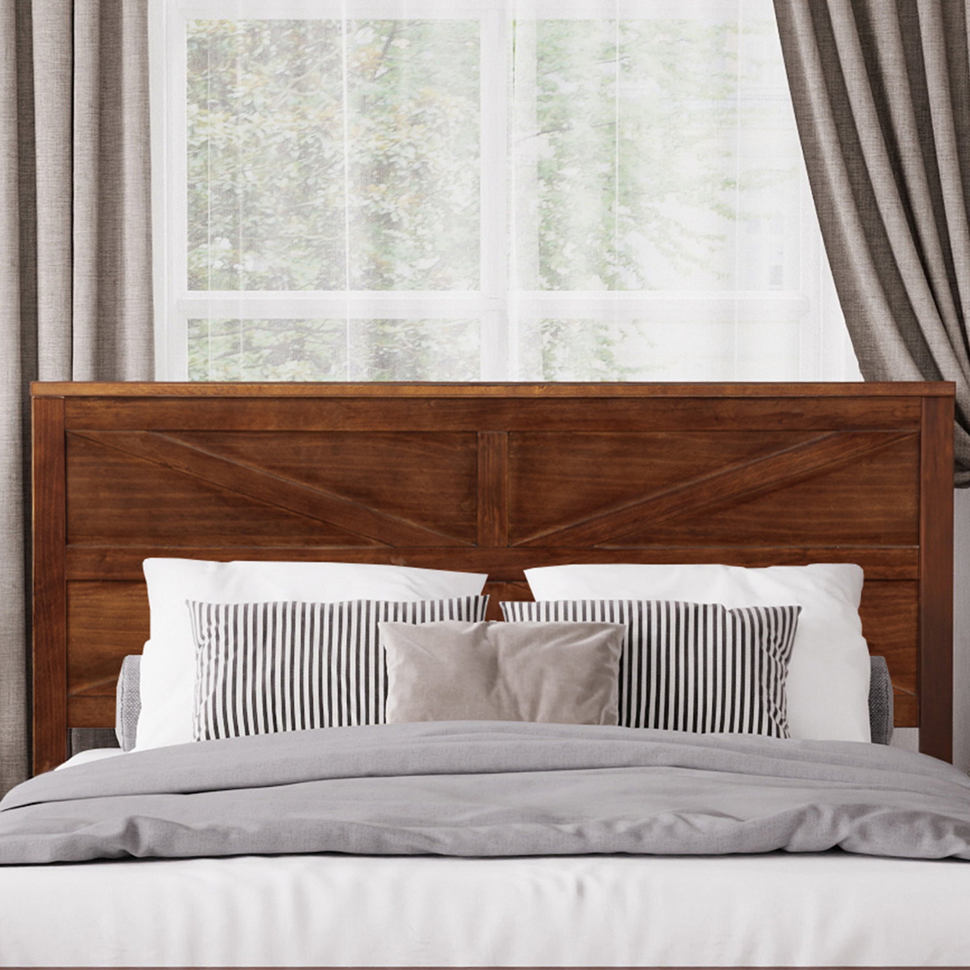 Farmhouse Style Queen Size Bed with Barn Door Designed Headboard and Footboard, Pinewood Bed with Strengthened Bed Frame ,White