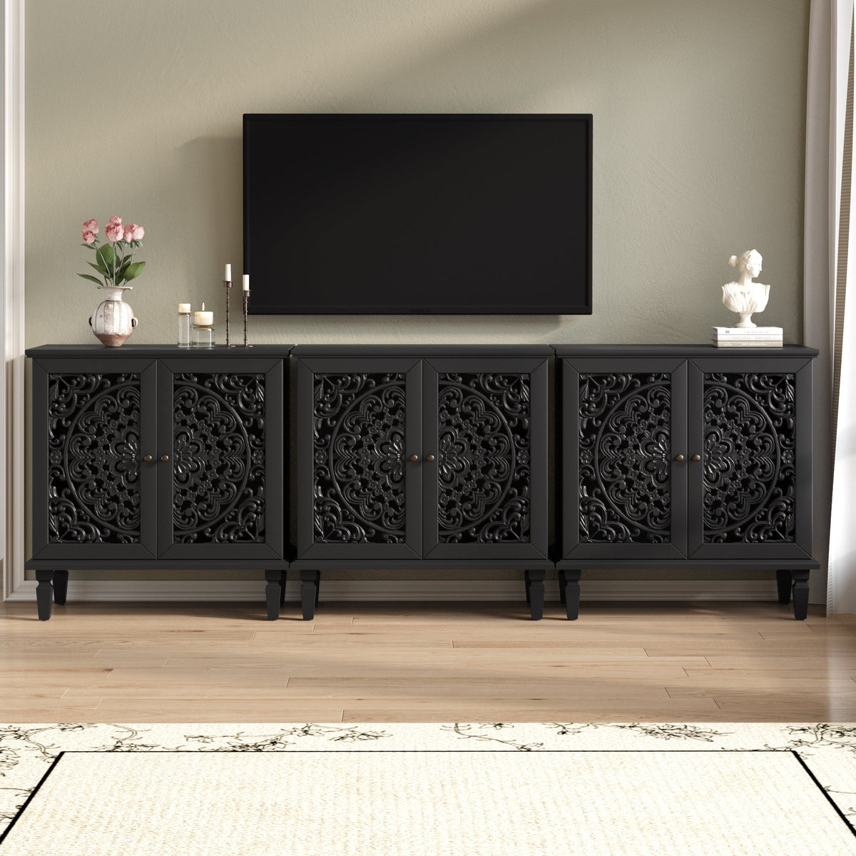 Vintage Hollow-Carved Accent Cabinet, 2-Door Display Storage Sideboard with Symmetrical Floral Design, Adjustable Shelf and Solid Wood Legs for Living Room Entryway(Antique Green)