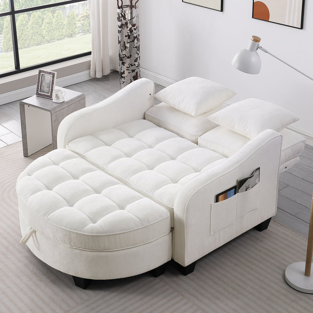 Beige 2-seater sofa with irregular curved armrests — angle view