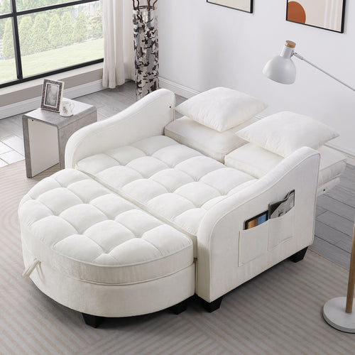 Beige 2-seater sofa with irregular curved armrests — angle view