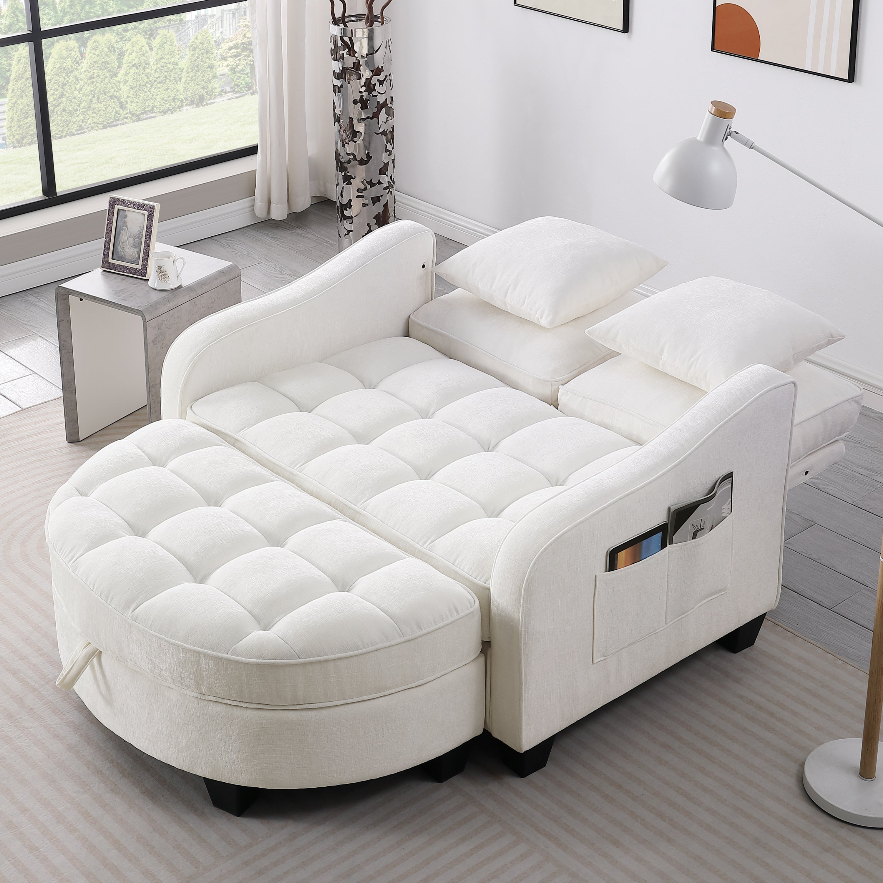 Corduroy 2-Seater Sofa Chaise — Storage Footrest & 2 Pillows, 42.7" Wide