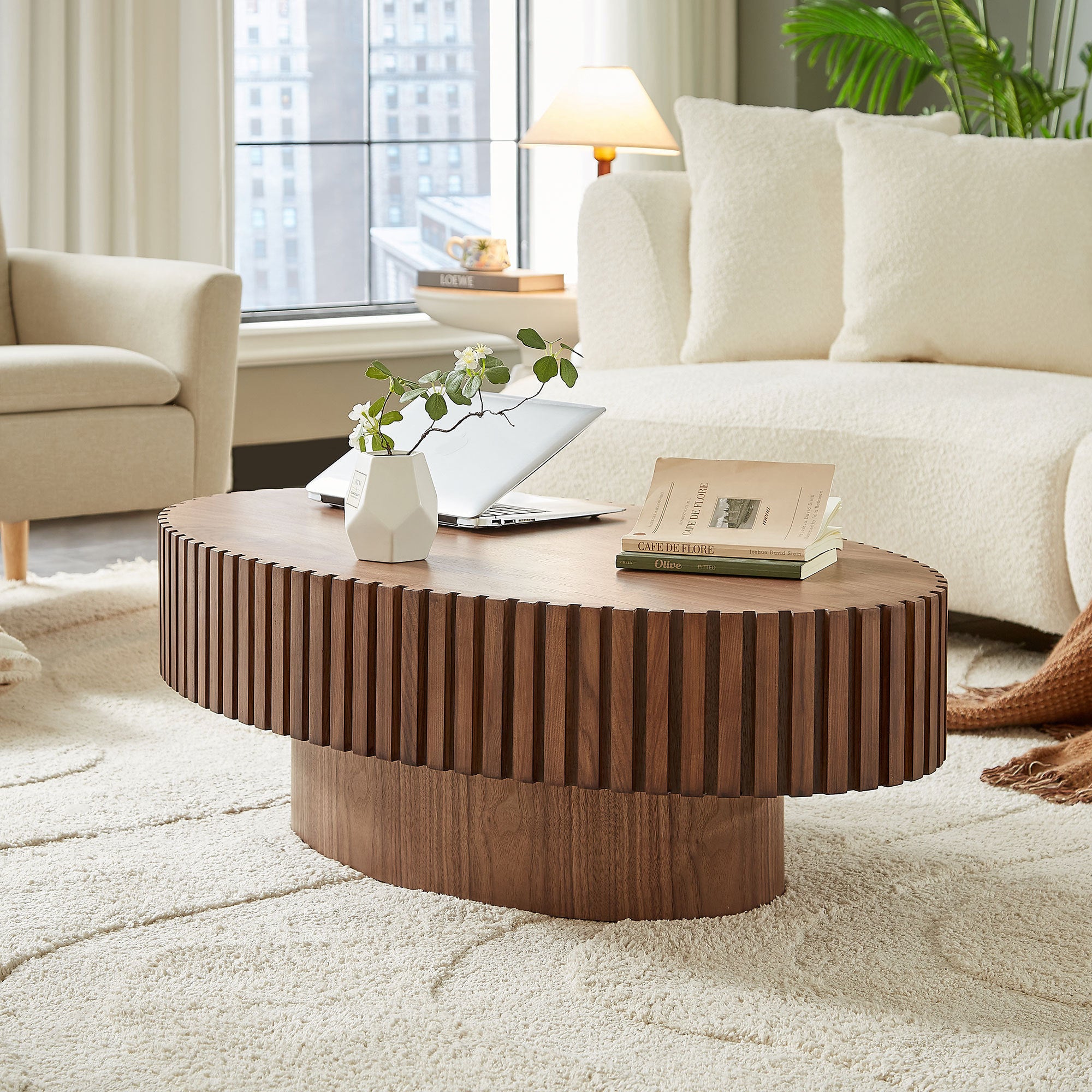 Walnut drum coffee table handcraft relief detail