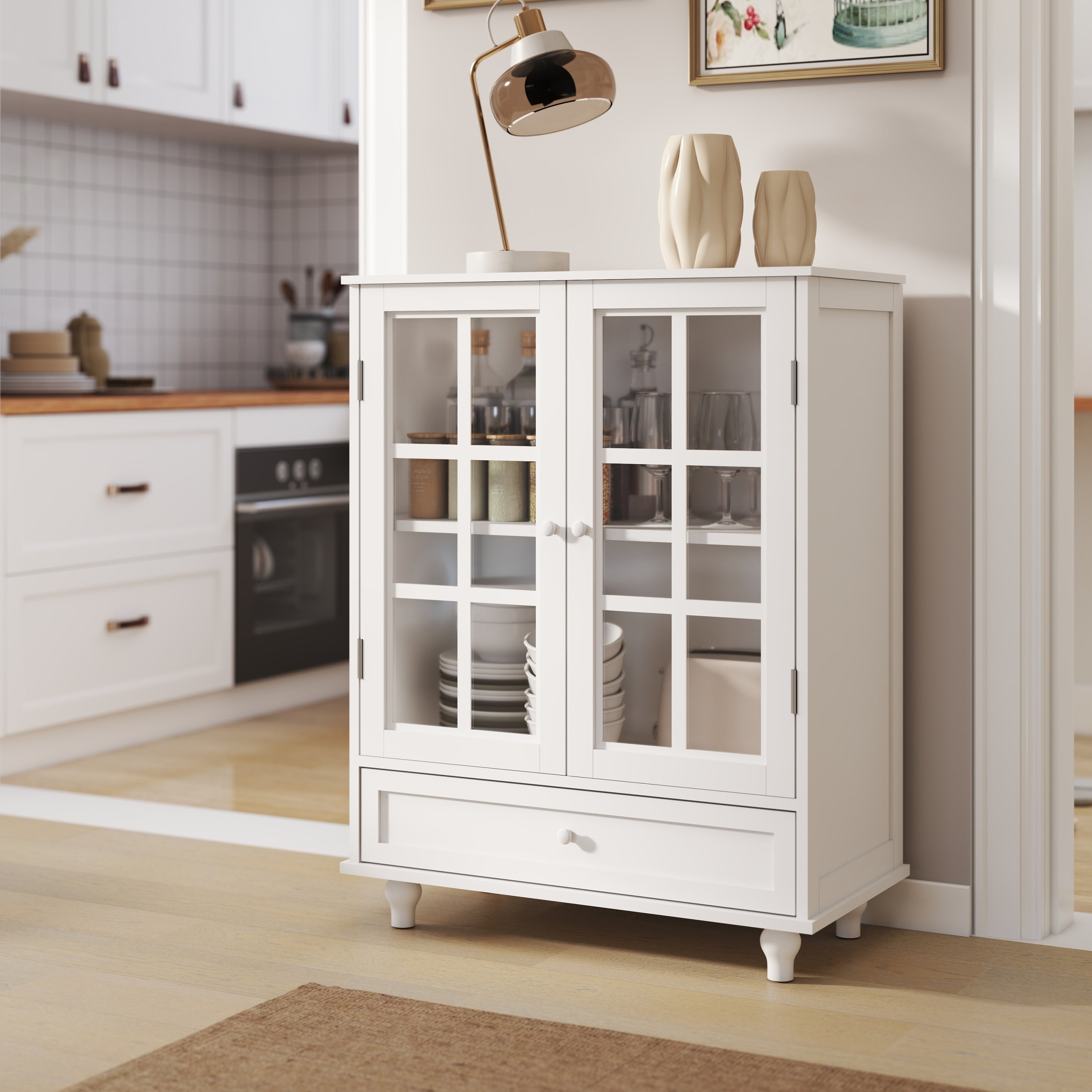 Modern sideboard cabinet with glass doors — angle view
