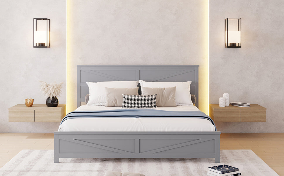 Farmhouse Style King Size Bed with Barn Door Designed Headboard and Footboard, Pinewood Bed with Strengthened Bed Frame,White