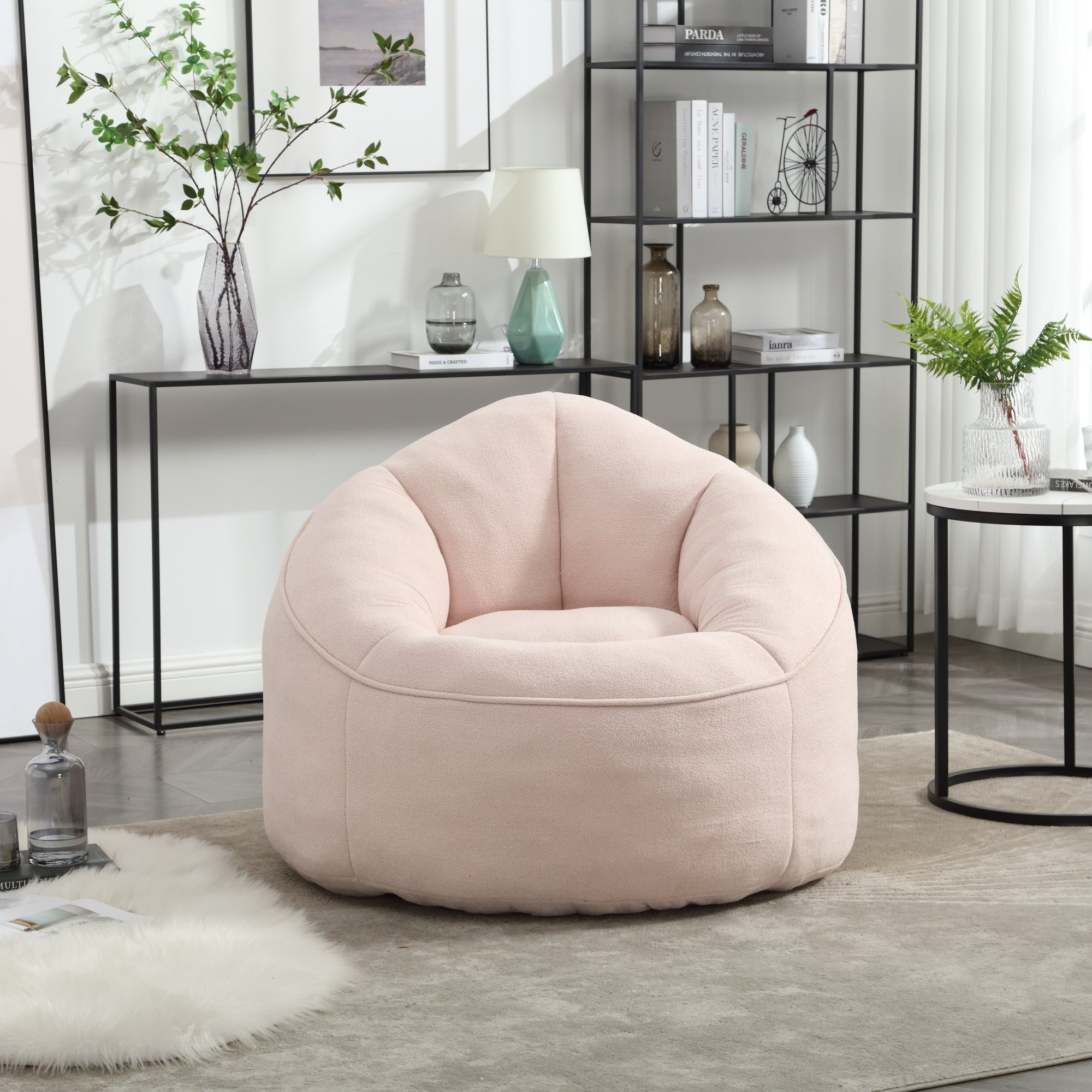 Pink bean bag sofa chair full product lifestyle photo