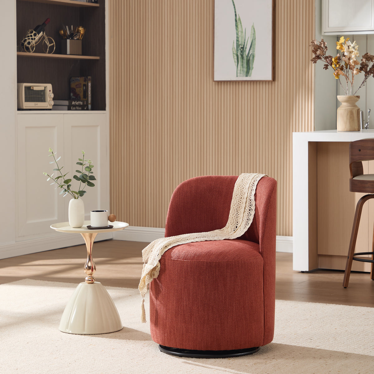 Set Of 1 Upholstered Kitchen & Dining Room Barrel Chair, Mid Century Modern Round Linen Dining Chair, 360 Degree Swivel Comfy Armless Accent Makeup Vanity Side Chair for Bedroom Living Room