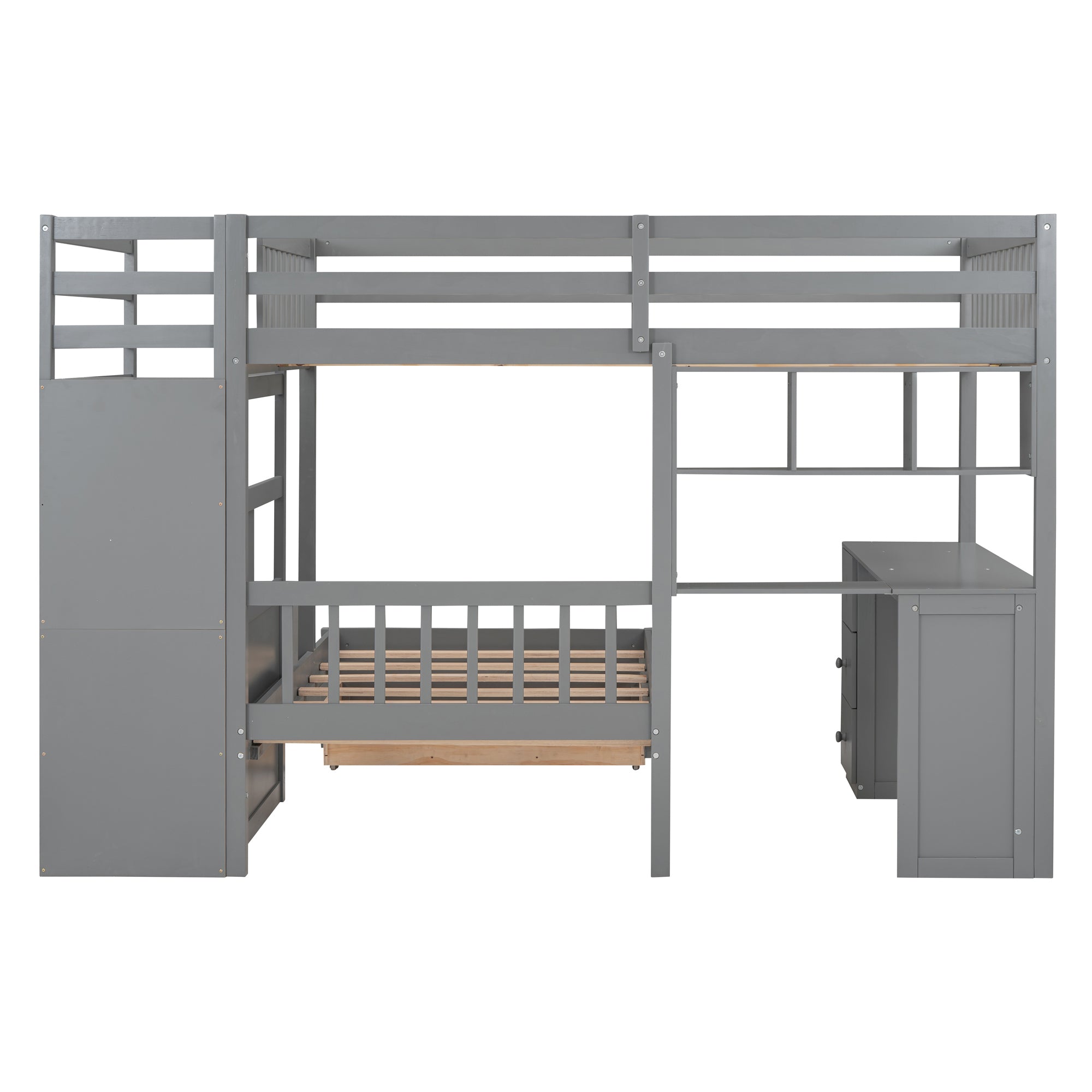 Twin lower bunk sleeping area with desk workspace below