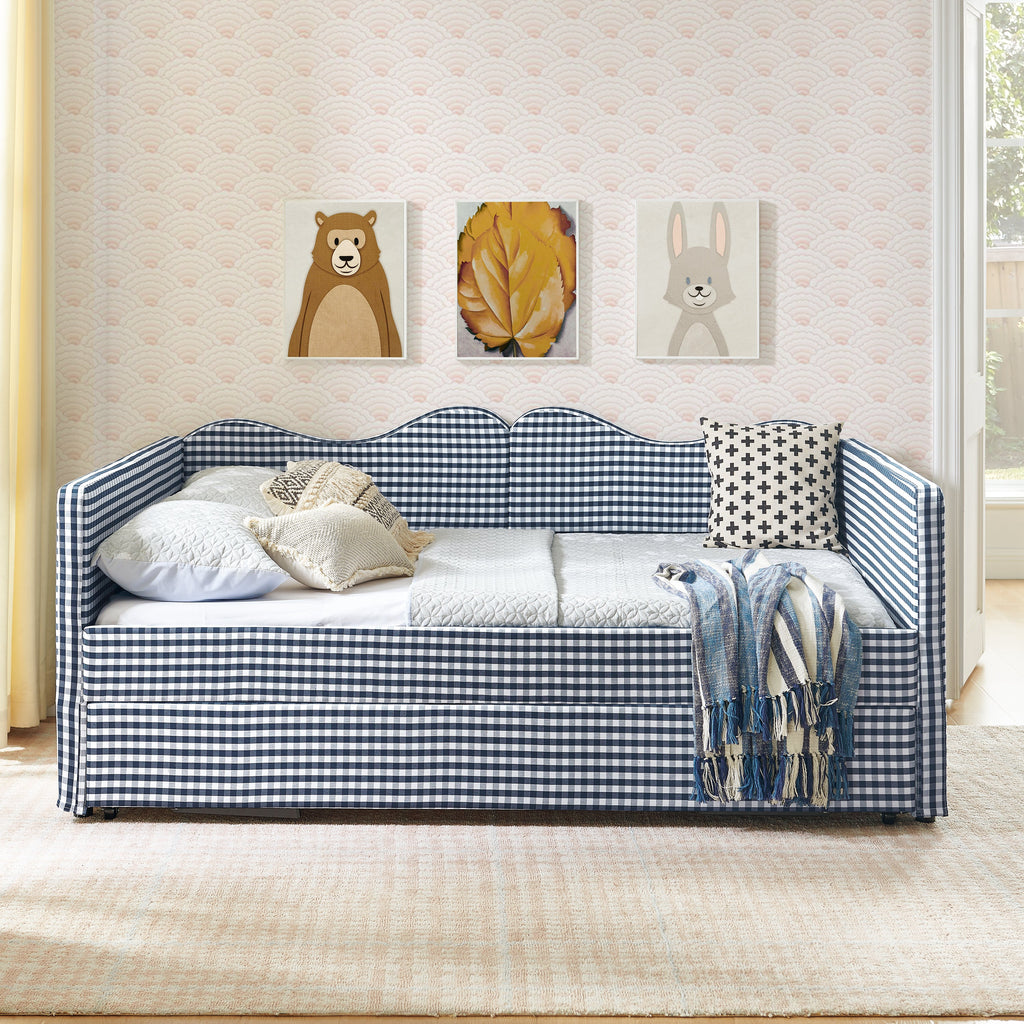 Full‑Size Daybed,Gingham Upholstered Daybed Equipped with Pull-Out Trundle Bed Frame & Side Storage Pocket, Solid Wood Frame Multi-Functional Sofa Bed for Kids Room & Guest Bedroom-PINK