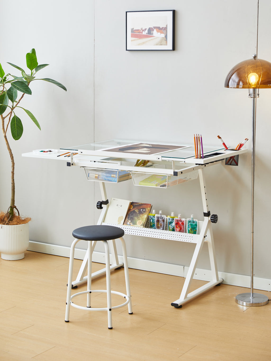 Knob height adjustment mechanism on white drafting table