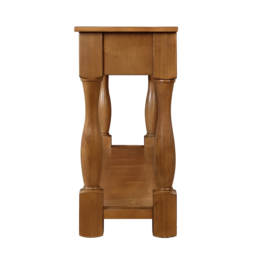 Long hallway console table brown three drawers side profile