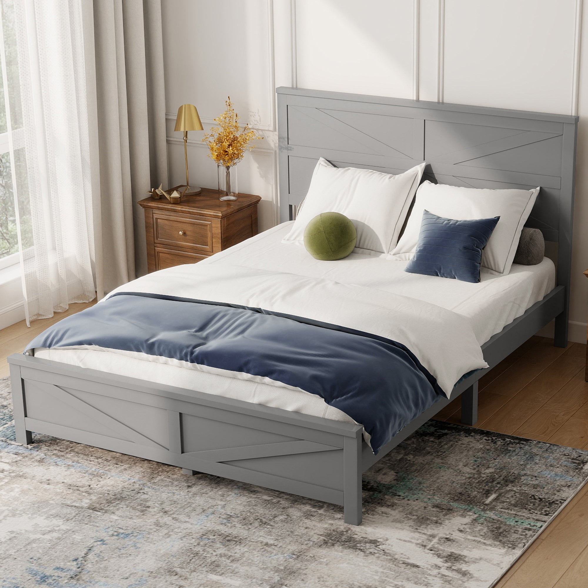 Farmhouse Style Queen Size Bed with Barn Door Designed Headboard and Footboard, Pinewood Bed with Strengthened Bed Frame ,White