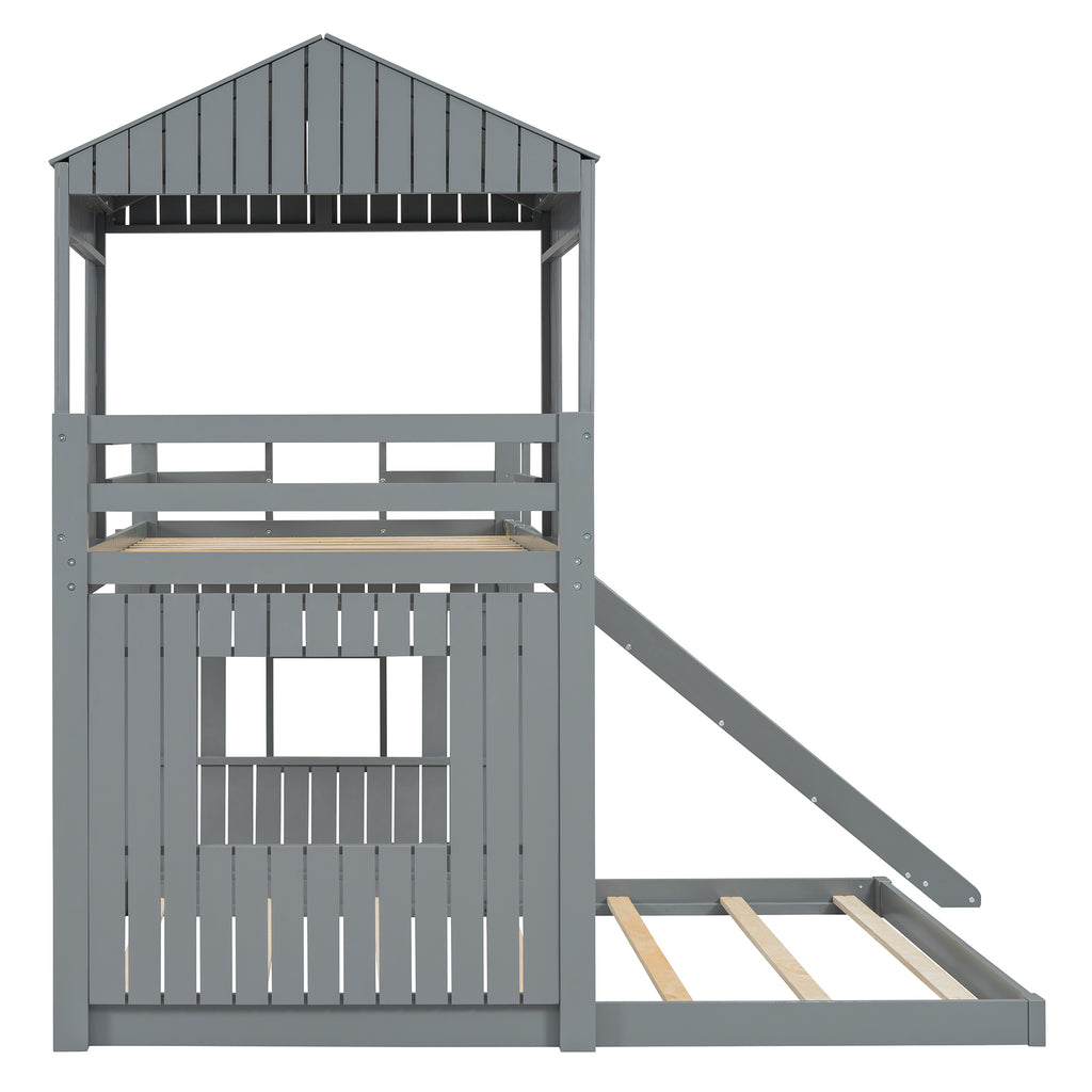 Gray playhouse bunk bed slat platform — no box spring