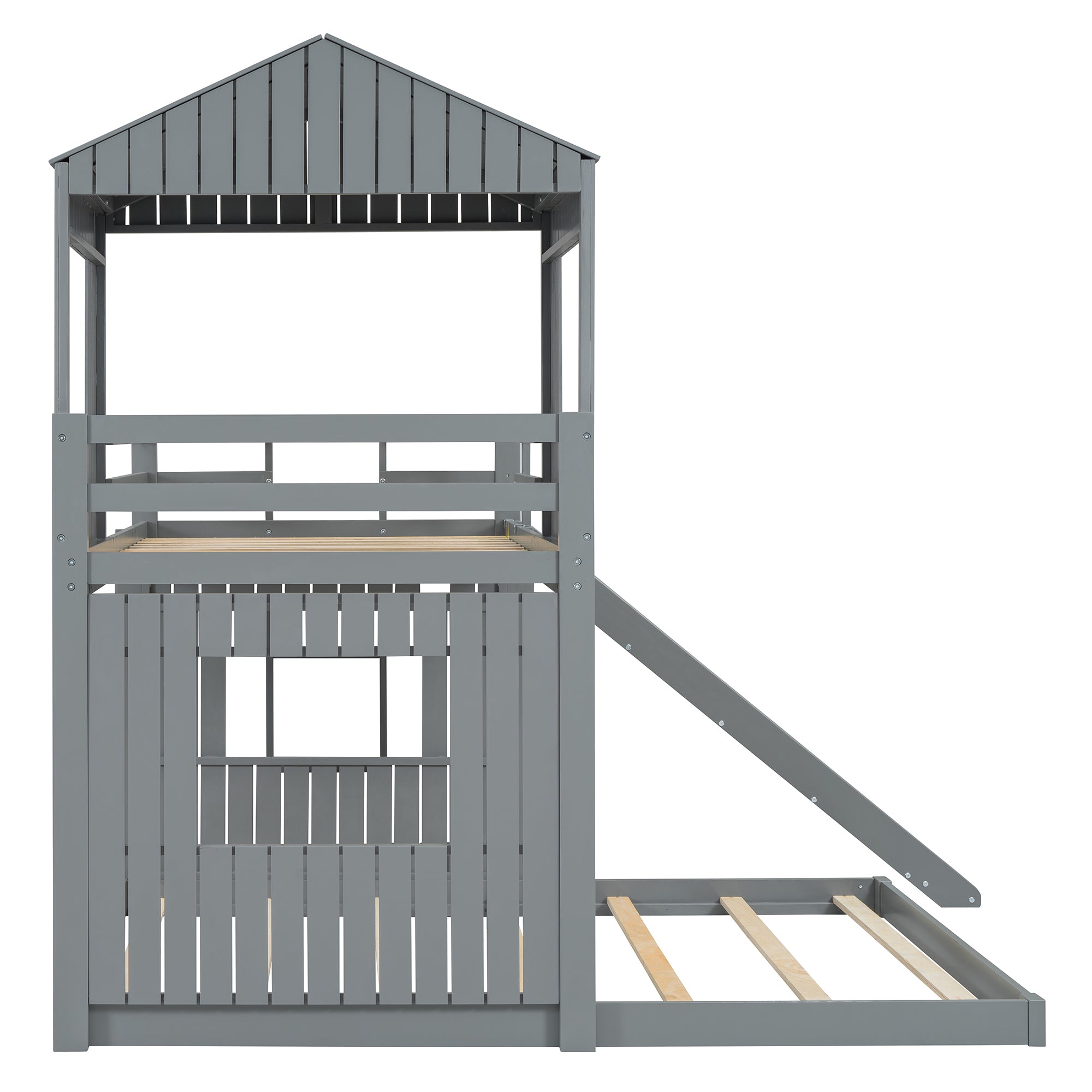 Gray playhouse bunk bed slat platform — no box spring