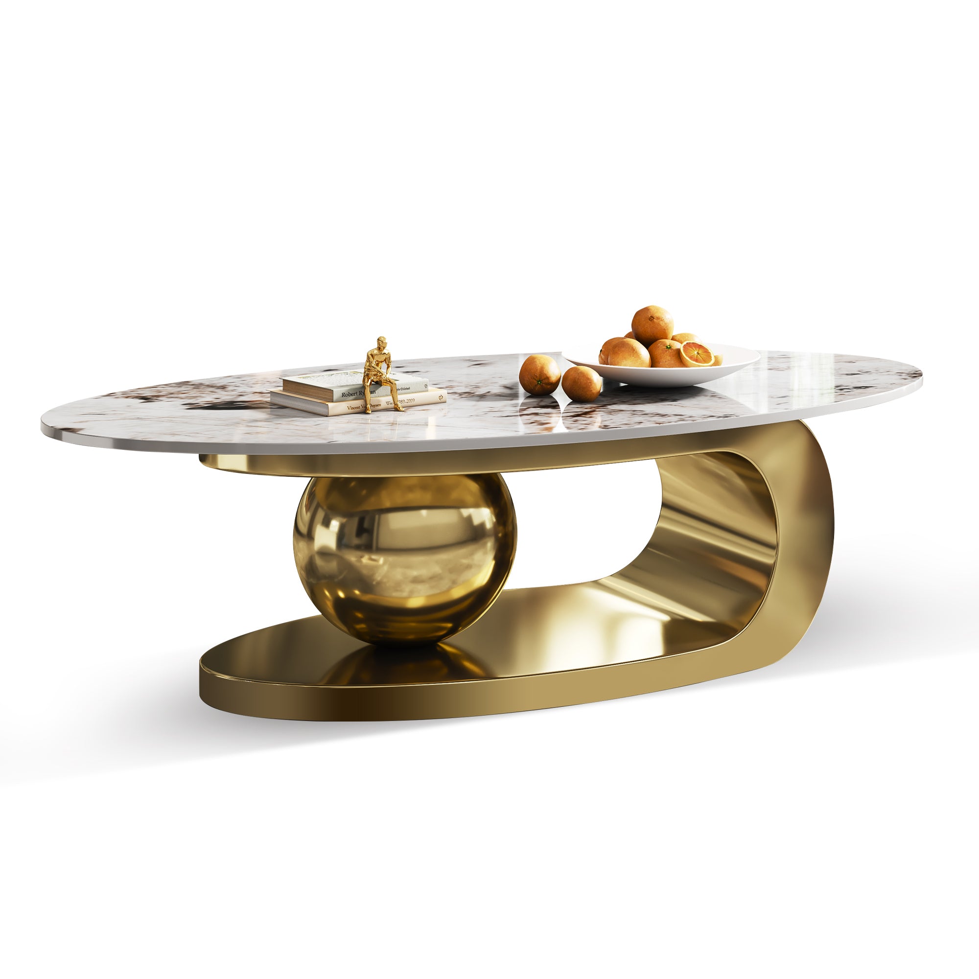 Slim profile faux marble coffee table glossy tabletop edge detail