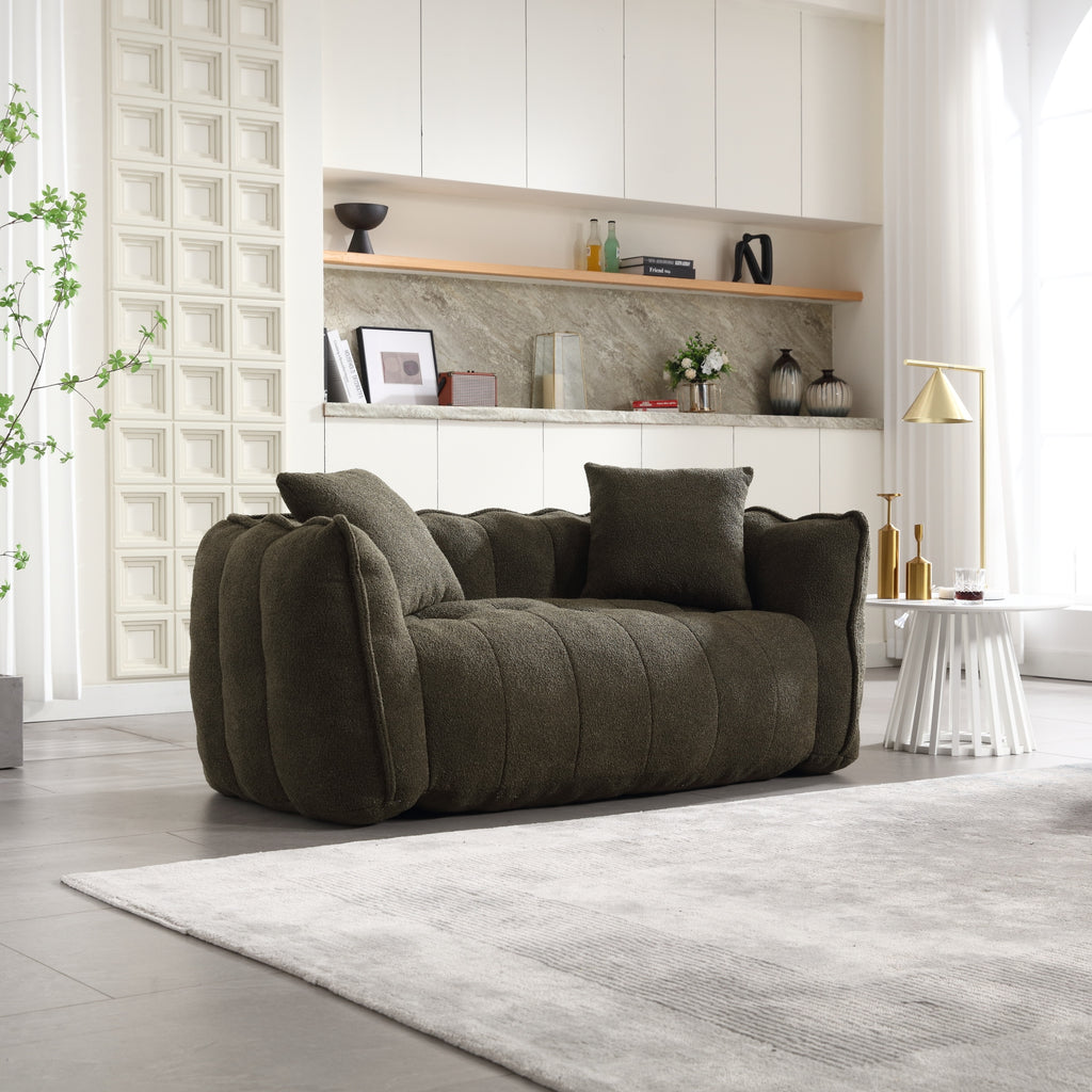 Olive green bean bag with carry handle — profile view