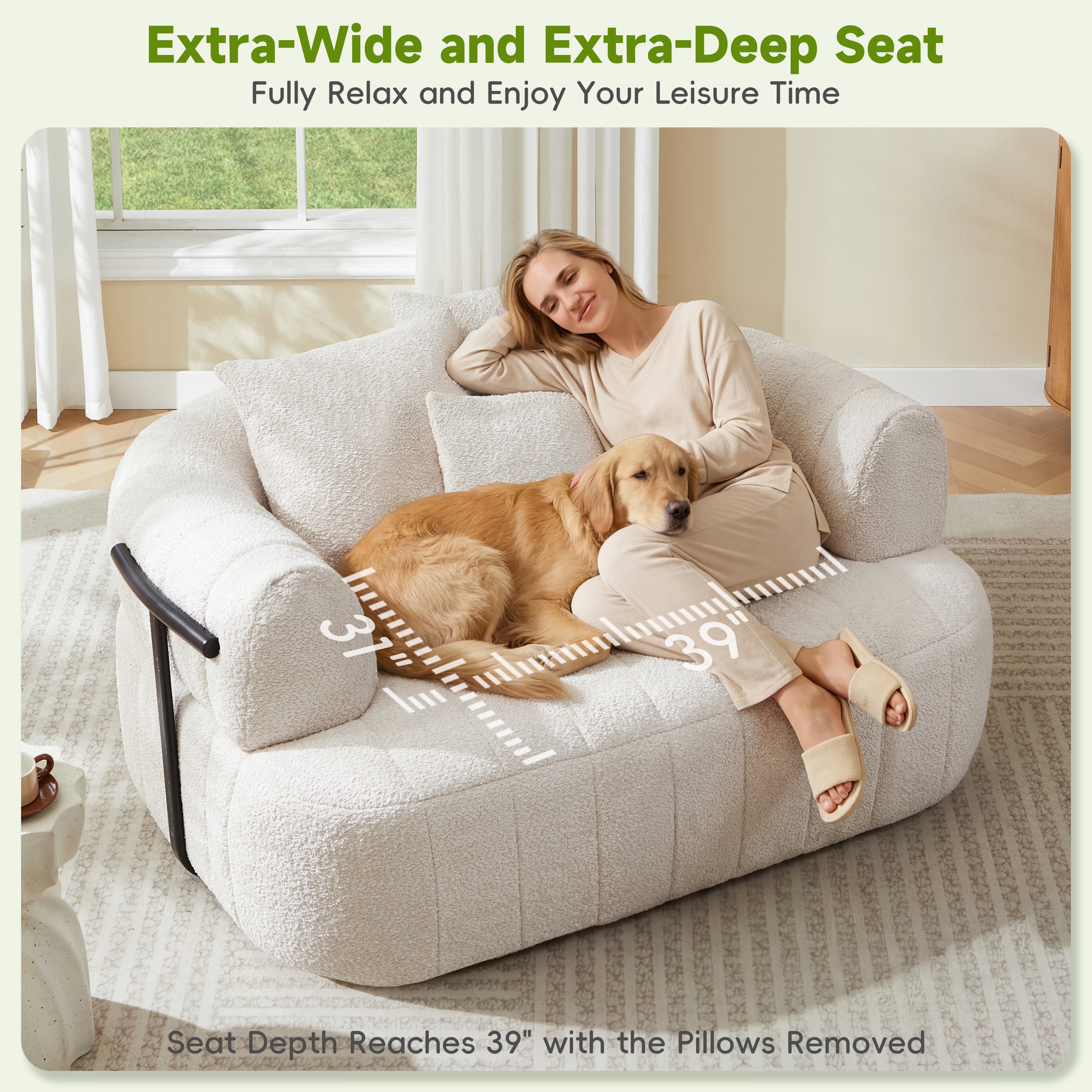 Boneless chaise lounge beige boucle texture close-up
