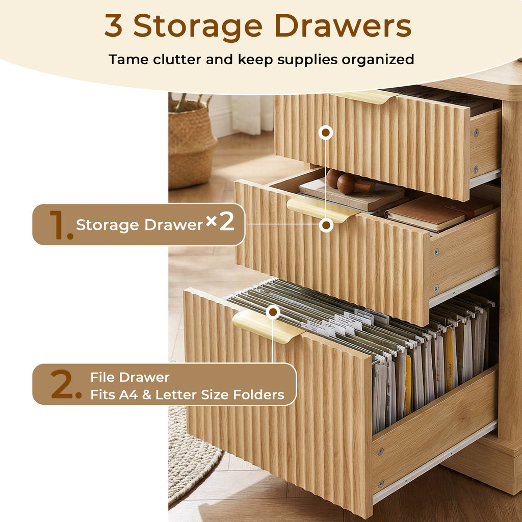 Fluted L-Shaped Desk with Charging Station, Monitor Stand & File Drawer — 59-Inch