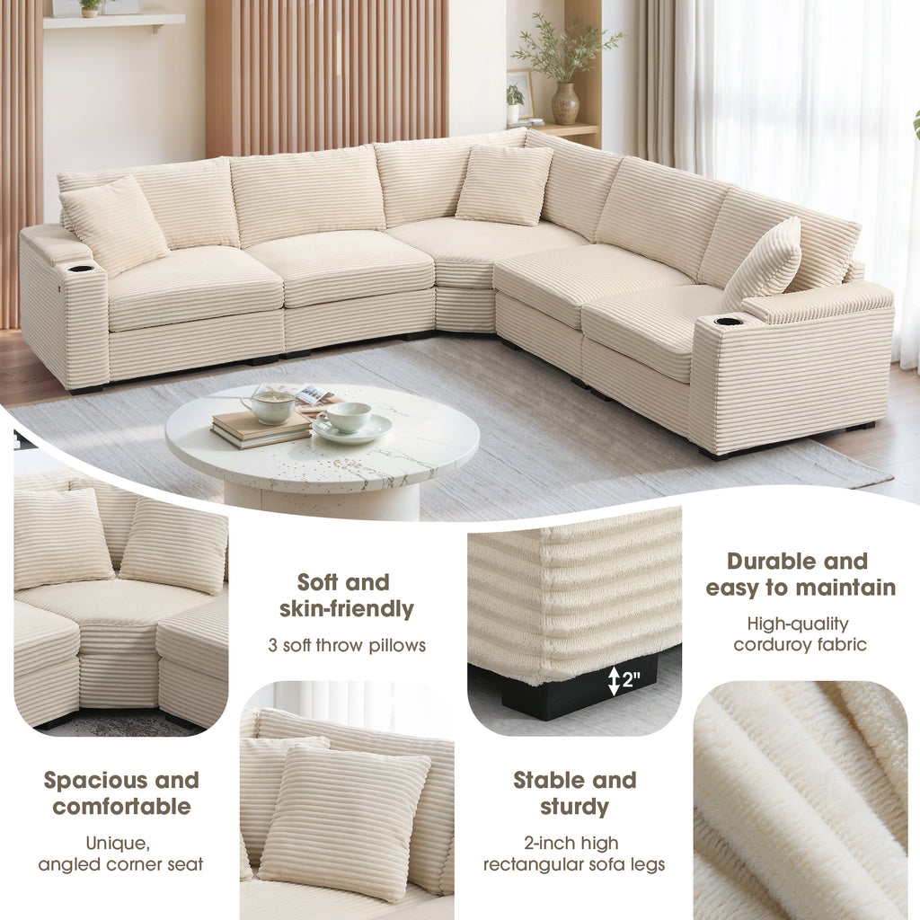 Integrated cup holders in beige corduroy sectional armrest