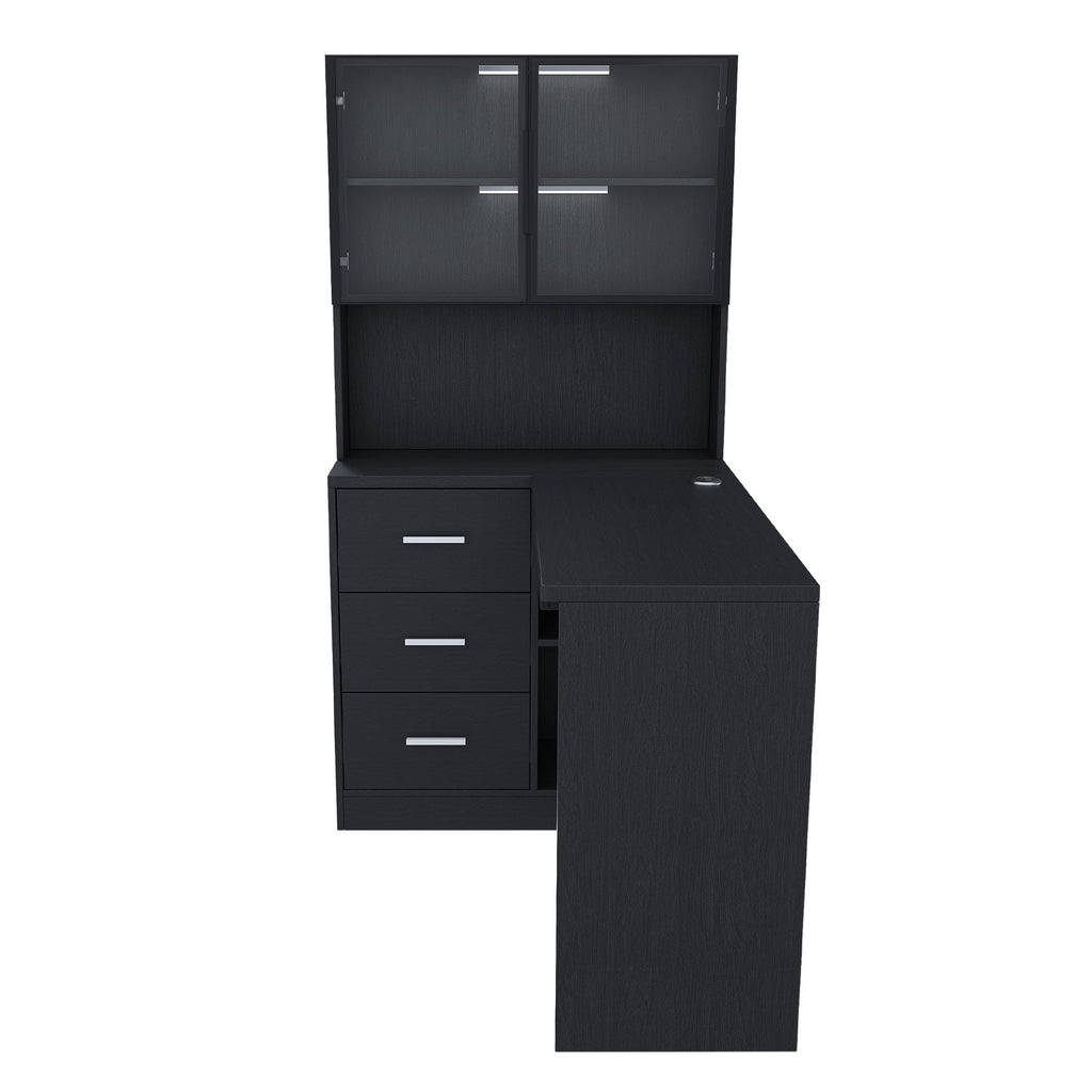 L-Shaped Computer Desk with Glass Cabinets, LED Lights & USB Charging — 43-Inch